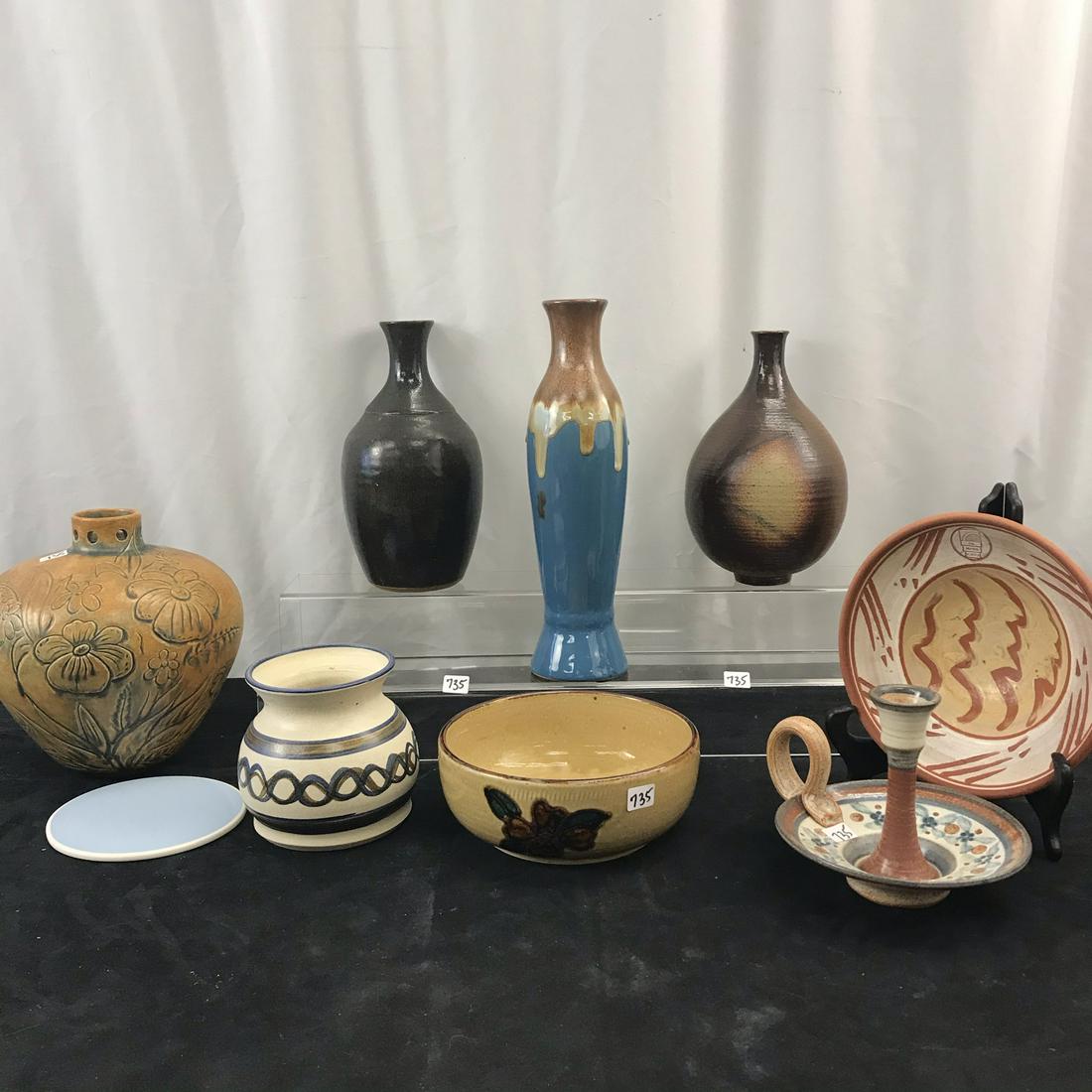 Group of Art Pottery Vases, More!: This group of art pottery vases include 4 earthenware vases, a Praire School bowl, an earthware candle holder, and more!