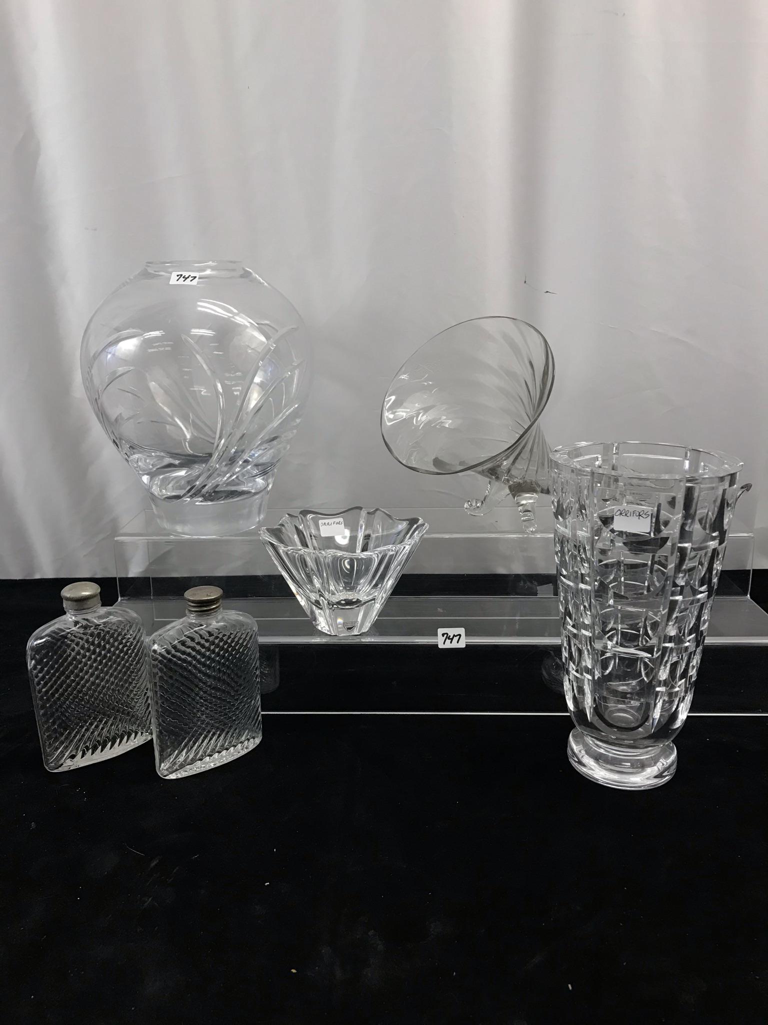 Group of Crystal, Orrifors, More!: This group of crystal and glass include a crystal facetted Orrefors Vase, Signed (9.5" tall X 5" across), an Orrefors crystal bowl with a sticker label (3.5" tall X 5" across), a cut crystal Vase (10"