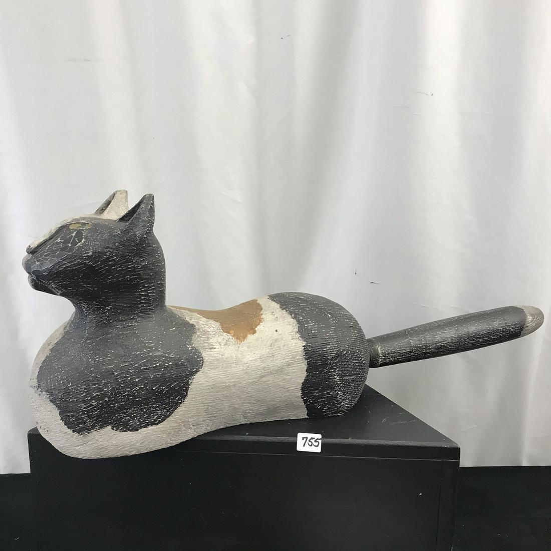 Sparger Folk Art Wood Cat Sculpture: This large Folk Art hand carved wood cat is hand signed Sparger, dated 1982, and bears a hand maker's mark on the bottom. It has its original paint and measures 9" tall X 24" long X 7" deep.