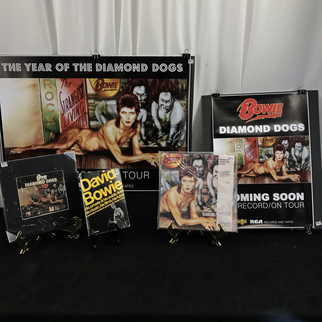 Bowie Diamond Dogs Posters, Record, Book: This group of David Bowie memorablia include a softcover first edition 1977 illustrated book titled "David Bowie, His Private & his Public Lives, His Films, His Future, a Portrait in Words & Pictures