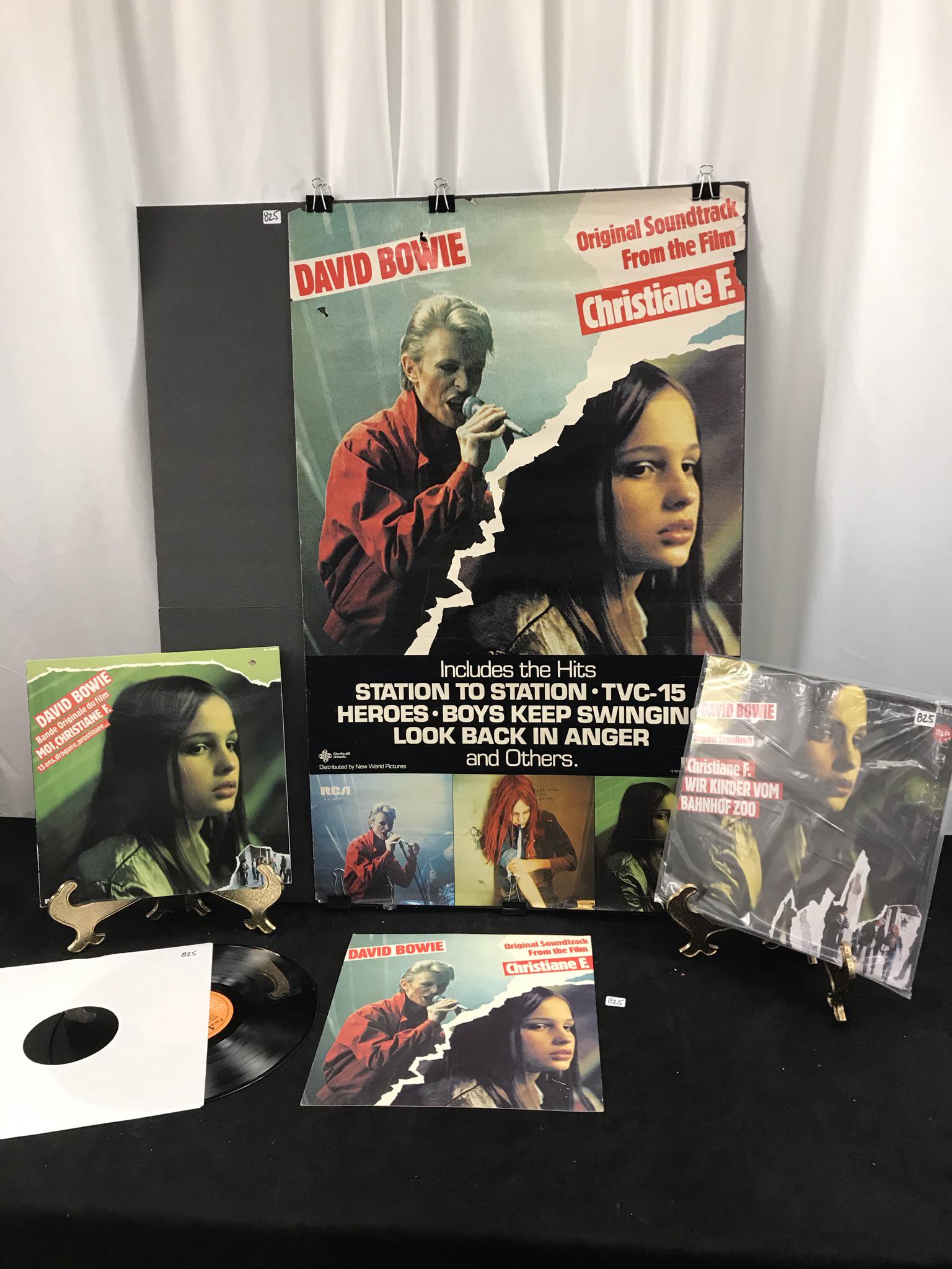 David Bowie Christiane F. Records, Poster: This group of David Bowie memerobilia pertain to the 1981 German film Christiane F. which tells the story of a 13 year old bored German girl who turns to heroin and descends into a tragic world of add