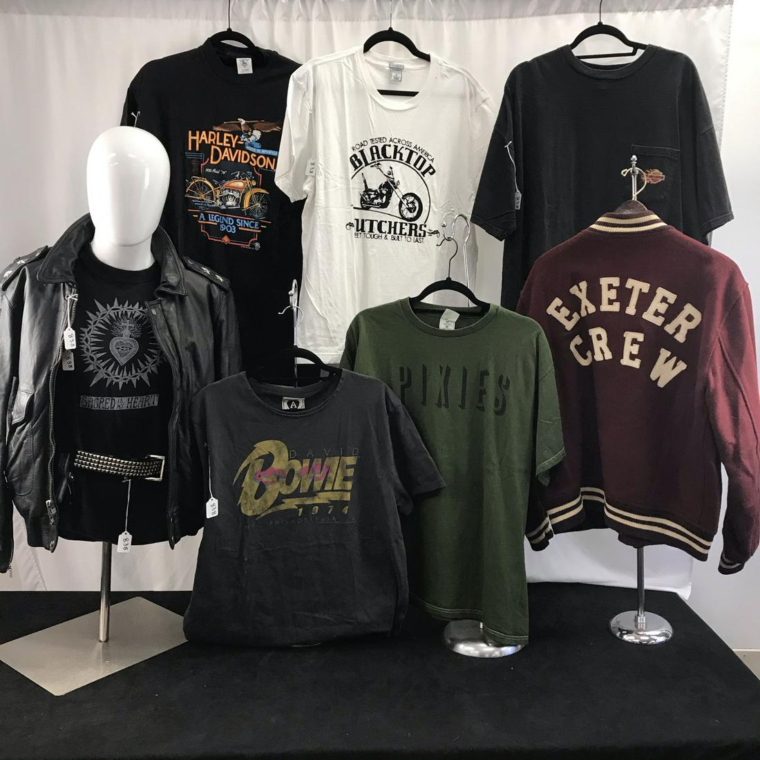 Lot of Vintage Rock T's, Biker's Jacket, More!: This group of vintage cotton rock T's and garments include a 1980's black leather motorcycle jacket with drainpipe sleeves, and star studded epaulettes, a maroon 1960's Exeter wool Crew jacket, a gree