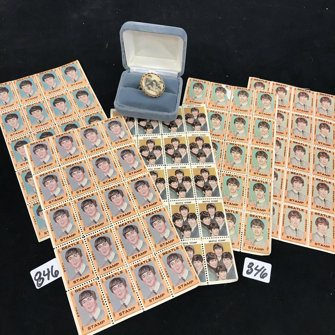 1964 Beatles Stamps and Ring: This group of 1964 Beatles stamps include 5 full sheets of 20 stamps per sheet. There is a sheet of Paul McCartney, John Lennon, Ringo Star and George Harrison, along with a sheet of the Fab 4 togethe