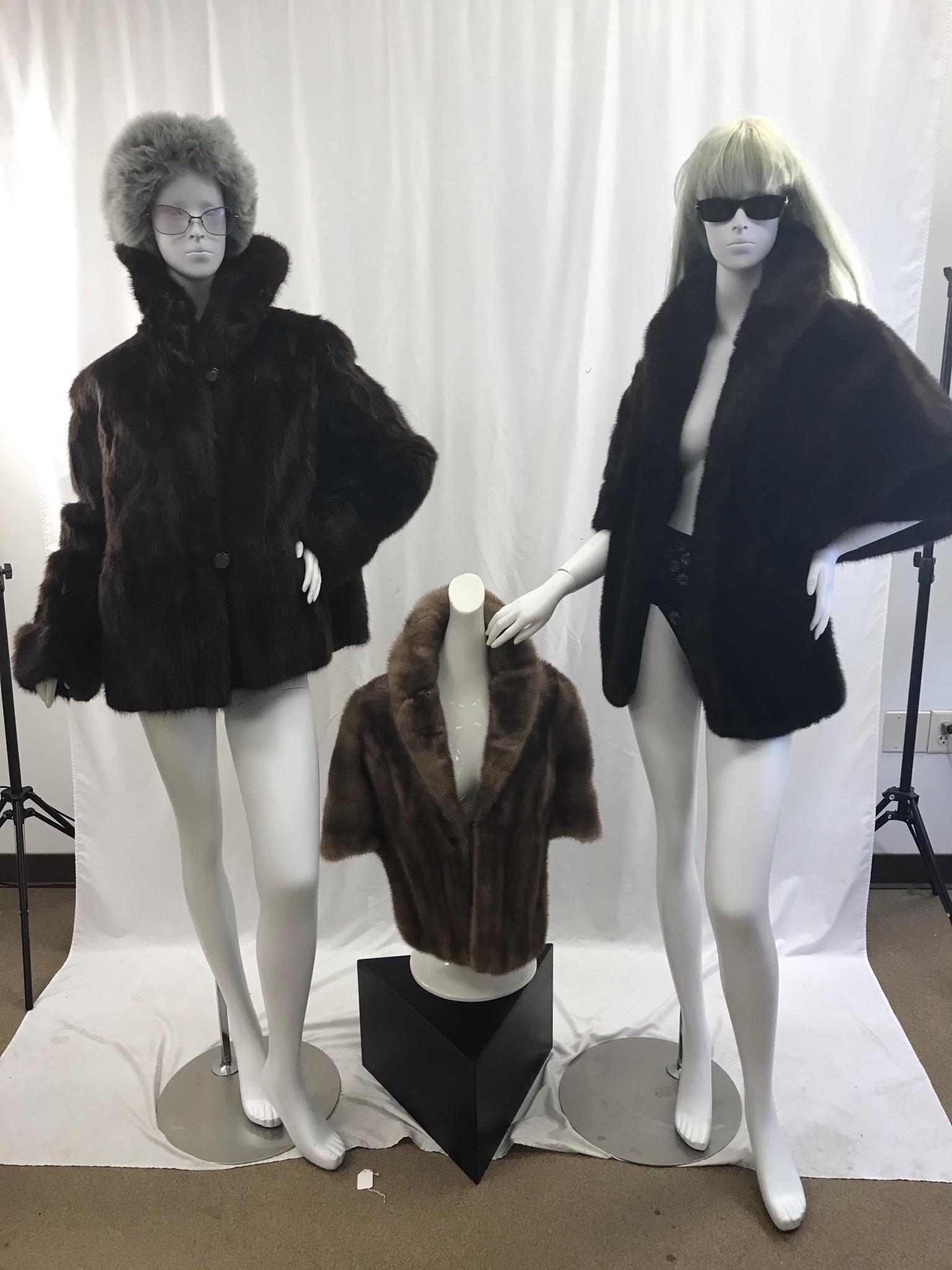 Group of Vintage Mink Stoles, Coat, More!: This group of vintage mink items include a very supple skined chocolate brown stole with long front panels, a blonde mink stole from Fifth Avenue Furs Gimbels, a cropped mink evening jacket with fur f