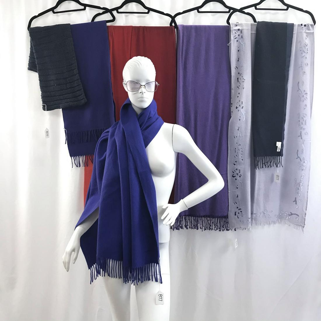 Hermes Large Purple Cashmere Scarf and More!: This Hermes purple cashmere scarf has a fringed end and measures 72" long X 28" across. Also included are a group of cashmere scarves and pashmina to include a grey blue Agnona cashmere and wool scarf