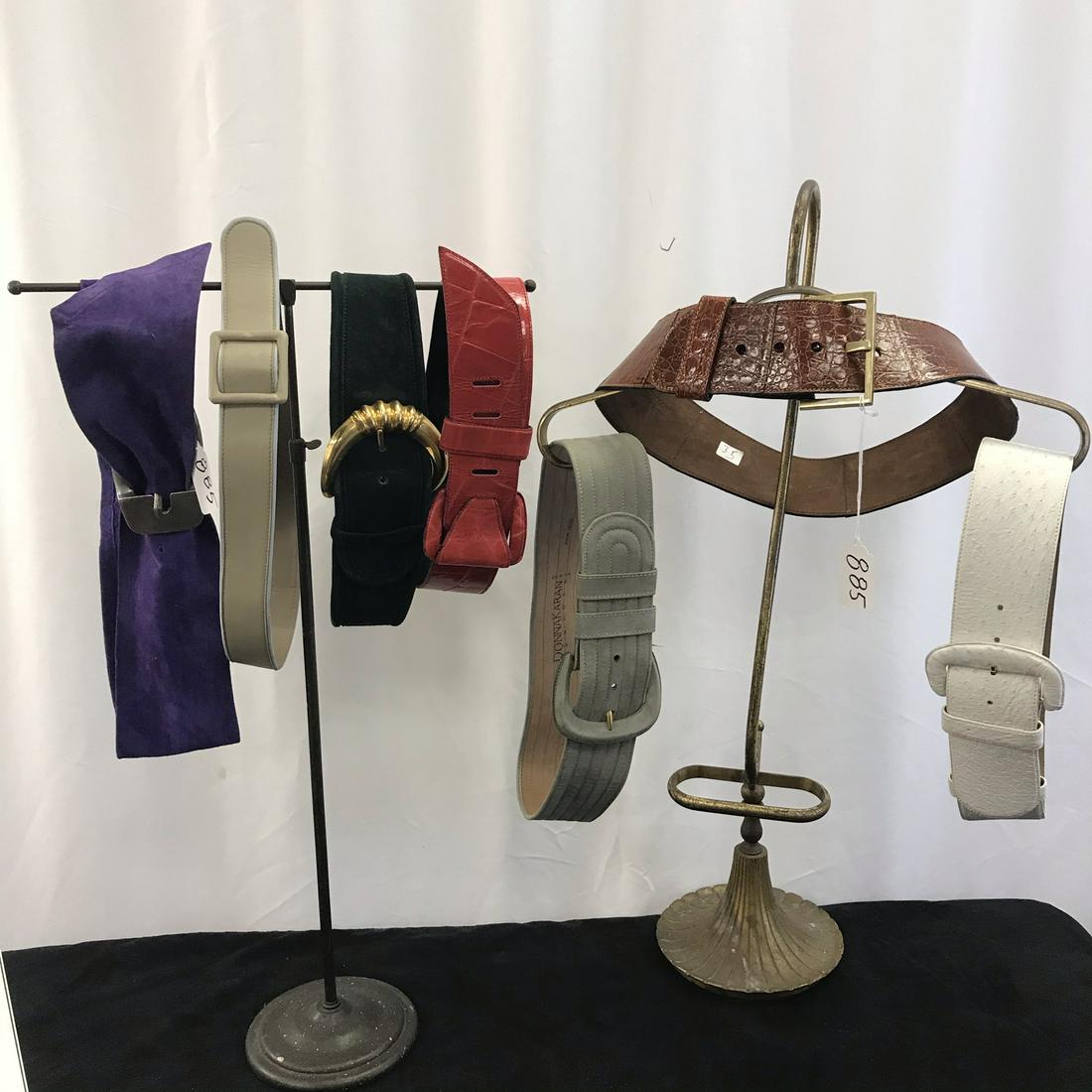 Designer Belts, Alligator, Donna Karan , More!: This group of wide designer belts include a Johnny Harah genuine alligator belt (35" long), a Donna Karan grey leather suede belt (Large), a Donna Karan white genuine ostrich belt (size small), a red