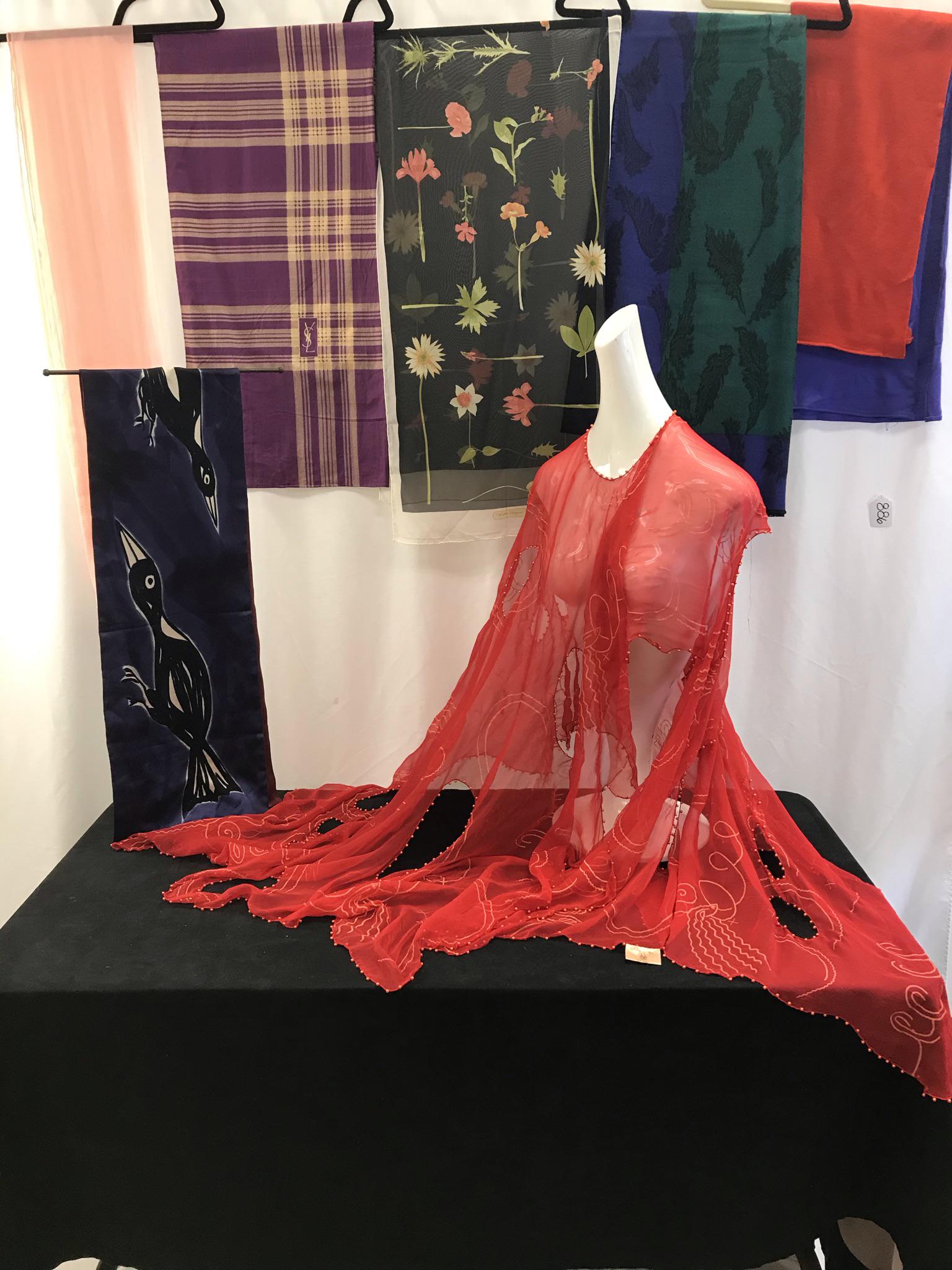 Ungaro, Ferragamo, YSL Scarves, More!: This group of Vintage designer scaves include a stunning red silk overprinted Zandra Rhodes openwork scarf with a nautical theme and hand sewn pink pearl accents and edging (88" long X 44" across), an