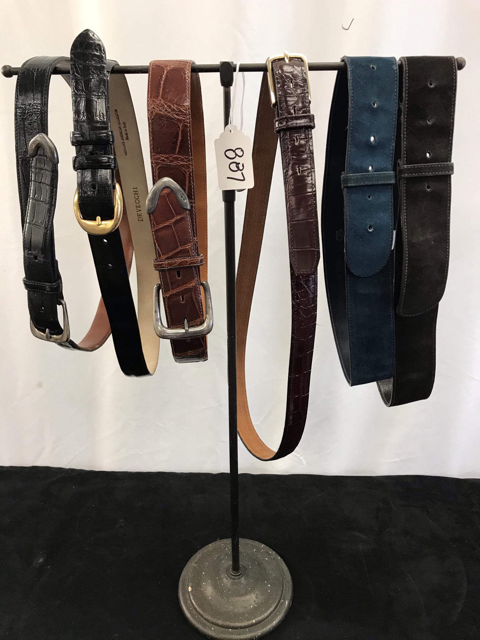 Designer Belts, Alligator, Lauren, Gucci, More!: This group of designer belts includes black and brown Ralph Lauren Alligator belts (black belt has a sterling silver buckle) A black Devecci American Alligator belt, 2 suede Gucci belts without the bu
