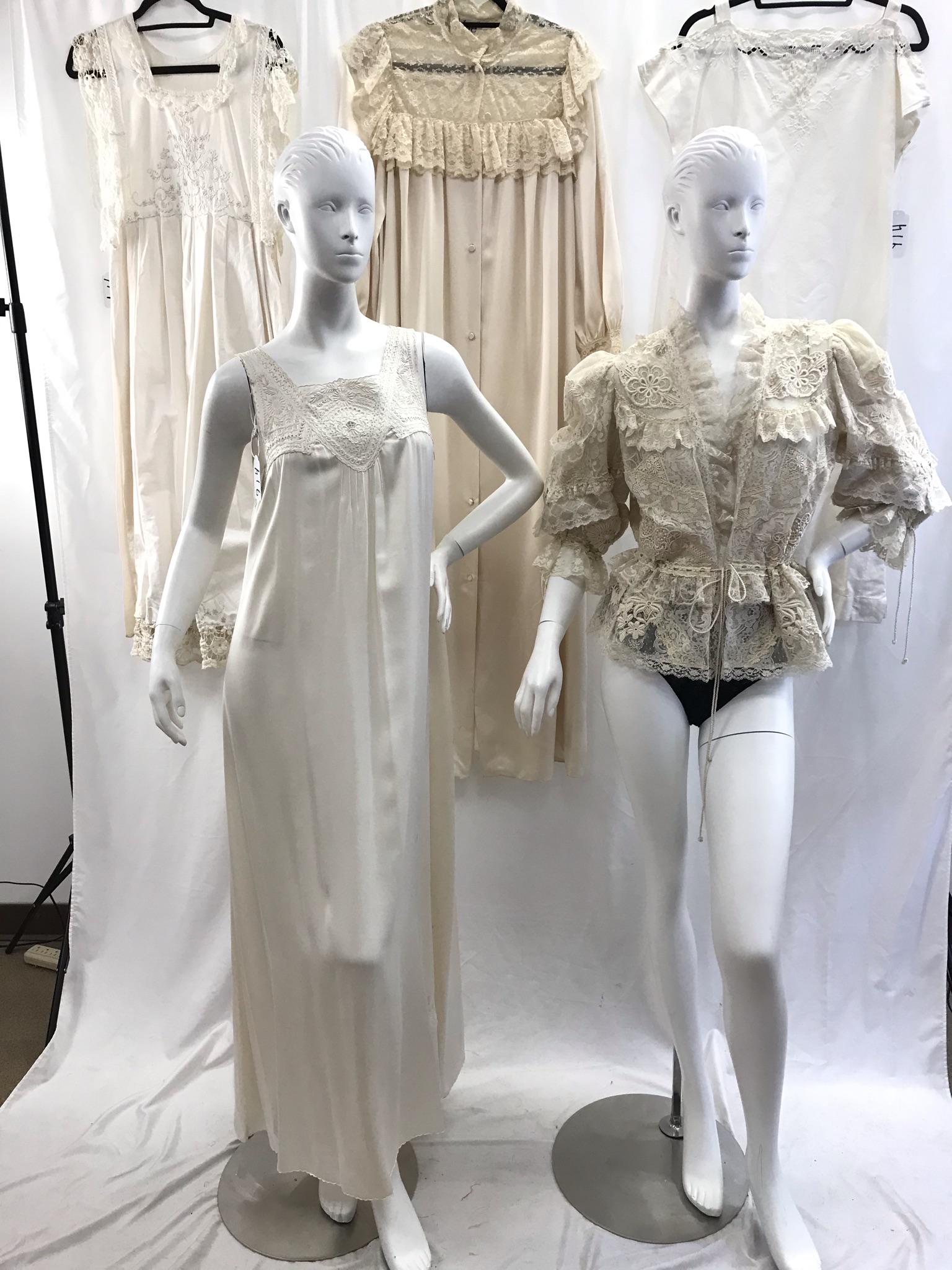 Group of Vintage Lace Garments, Chloe , More!: This group of vintage lace ladies garments include a Chloe cream silk dressing gown with a lace yoke and lace ruffled cuffs, a lace drawstring Ellen Stein and Sylvia Greenberg Victorian style drawstri