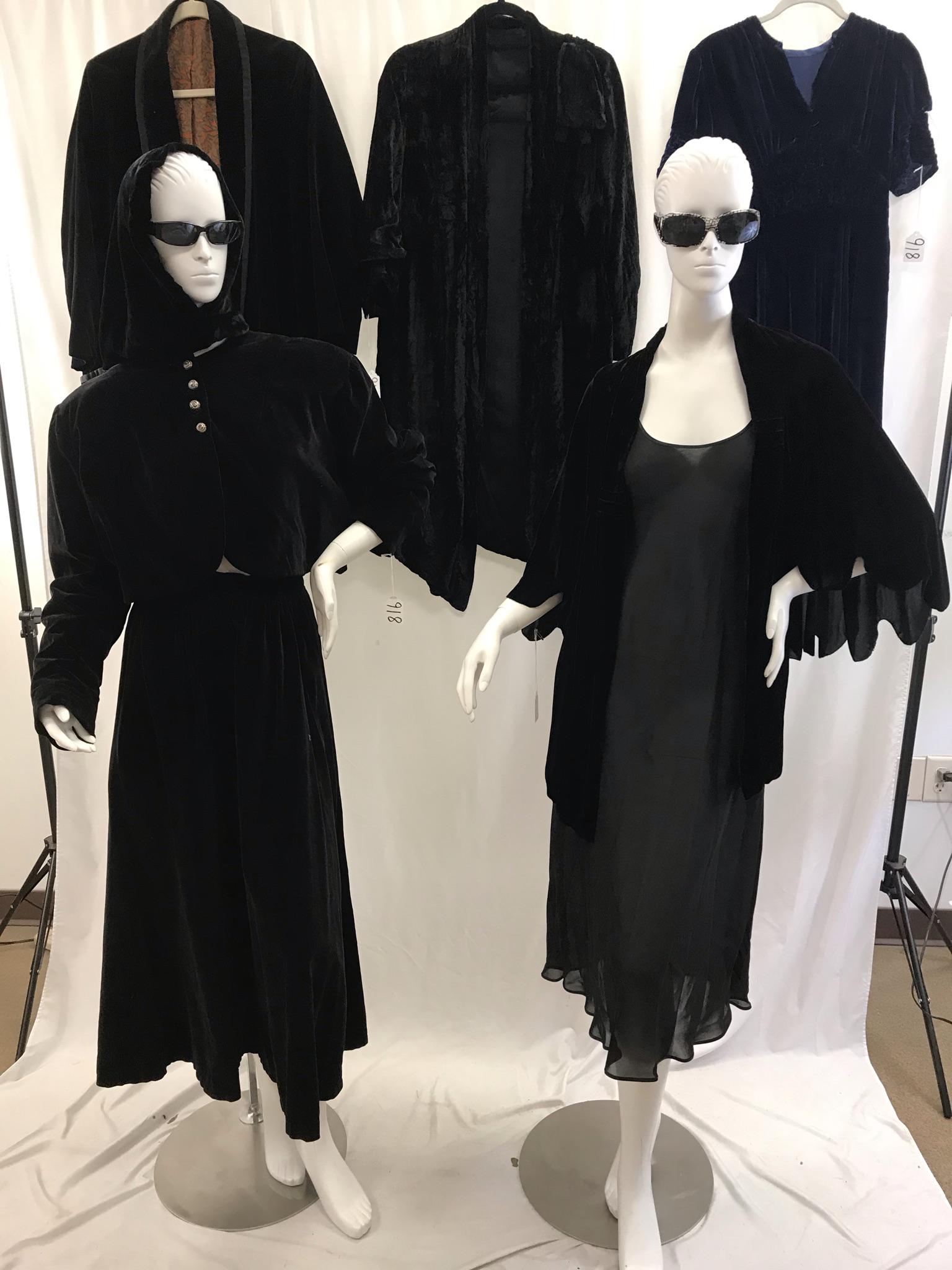 Vintage Ladies Velvet Garments, 1930's-1960's: This group of vintage velvet ladies garments include a 1950's black full velvet skirt with matching cropped jacket, a 1920's Chas Stevens velvet cape with scalloped overlay, a 1930's blue velvet short