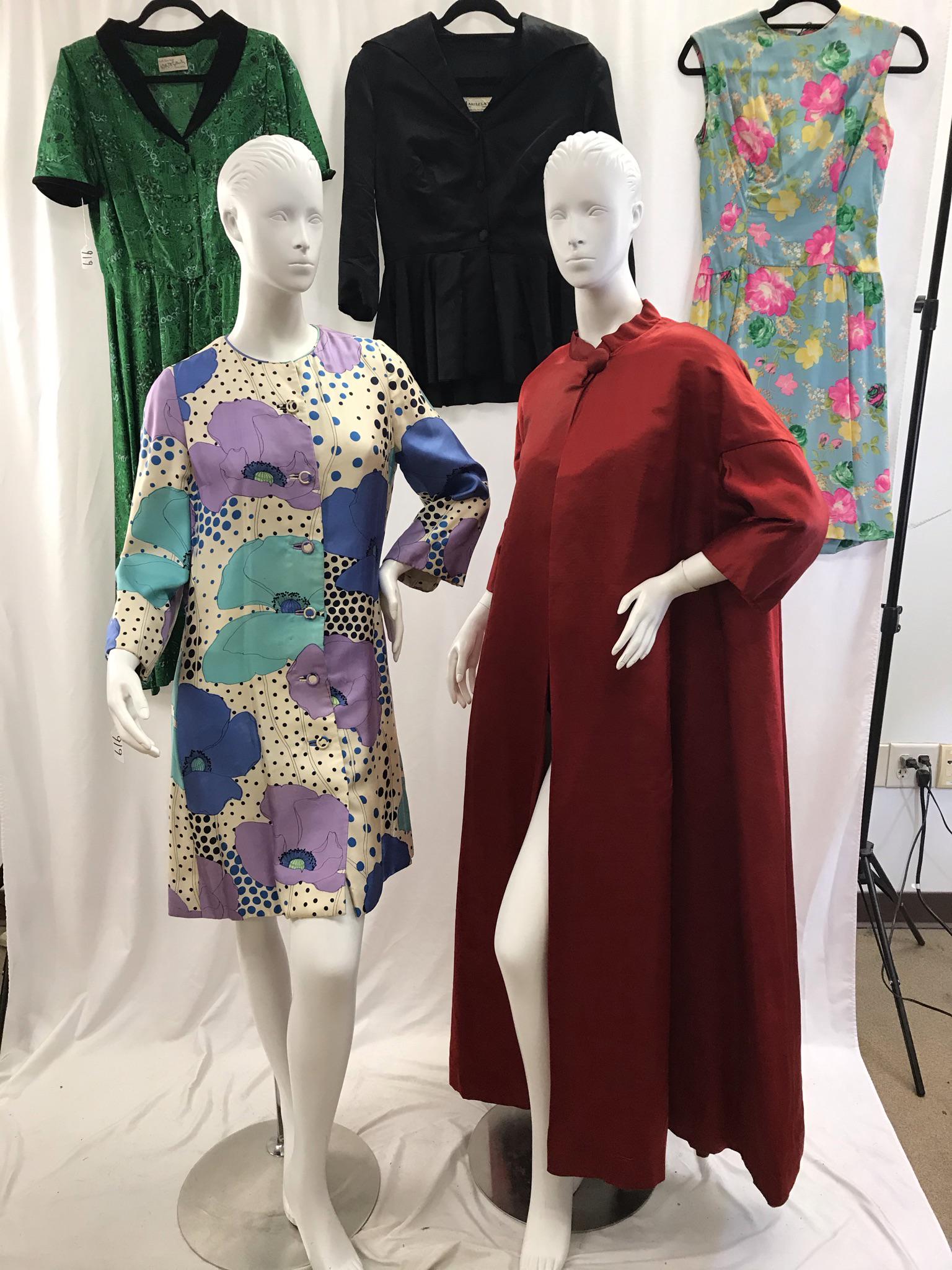 Vintage Group of Silk Ladies Dresses and Coats: This vintage group of ladies garments include a a fantastic full length 1960's ladies 3/4 length sleeve opera coat, a mod 1970 poppy print coat from BH Wragge, a 1950's silk novelty print fit and flai