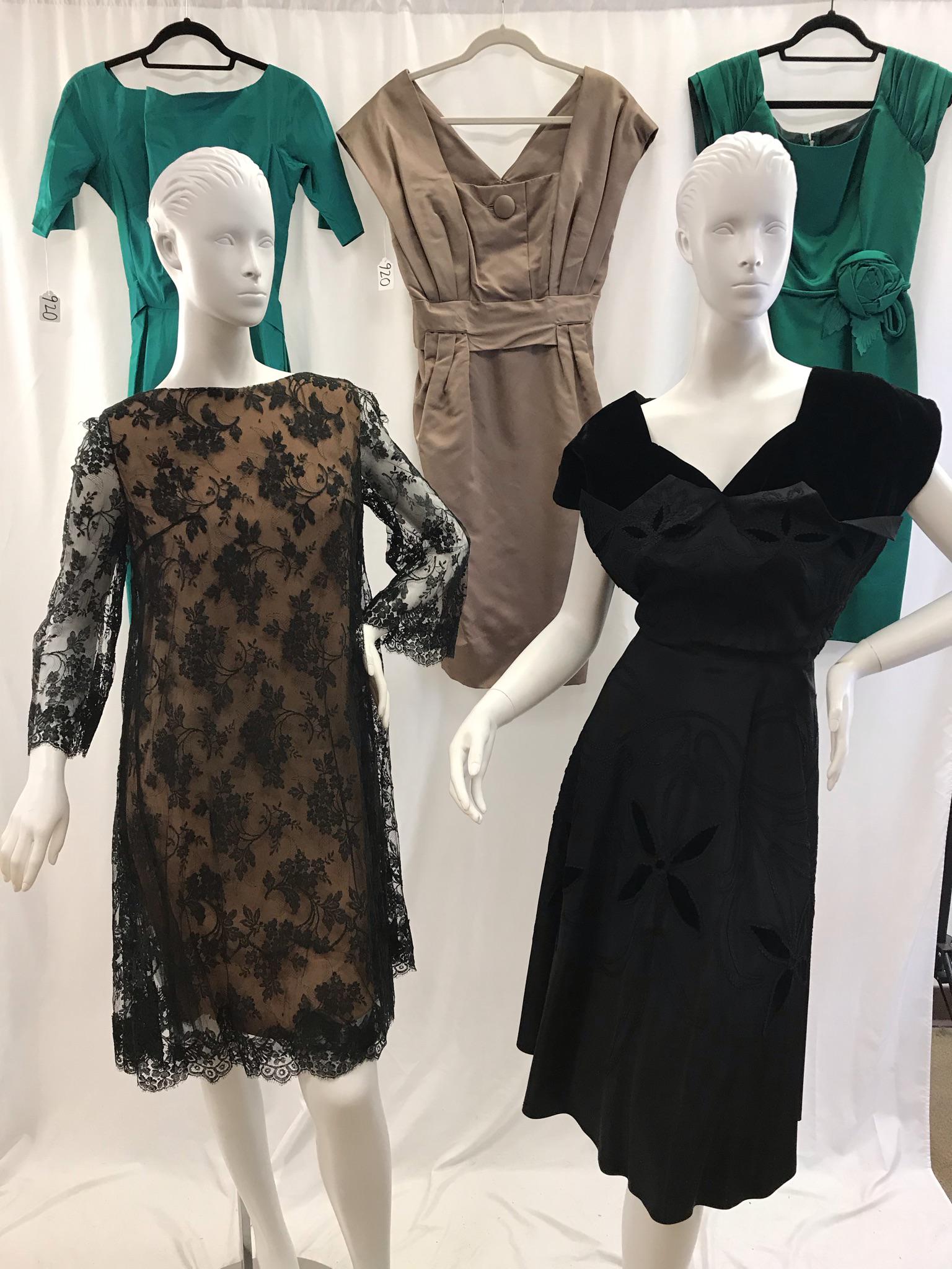 Group of Silk and Taffeta Cocktail Dresses: This group of ladies silk and taffeta cocktail dresses include a 1950's black taffeta and velvet fit and flair cocktail dress (32" waist, 38" bust), a 60's cocoa brown silk sleeveless wiggle dress (28