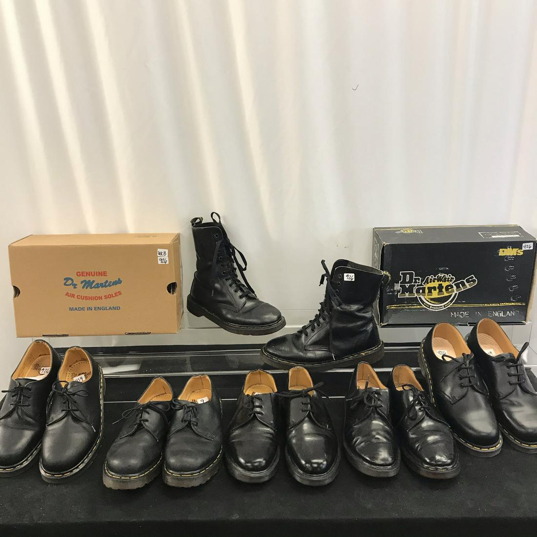 Group of 80's Doctor Martens Boots and Shoes: This group of 1980's/90's Doctor Martens include a pair of Combat boots (9), 2 pairs of Doc lace ups with their original boxes in like new condition, and 3 pairs of 3 eyelet lace up Docs in good condi