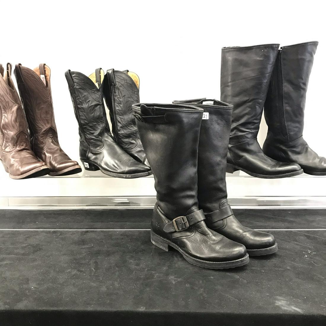 Vintage Leather Boots, Frye, Cowboy Boots, More!: This group of vintage leather boots include a pair of black Frye engineer boots in very good condition size 8, a pair of brown Necona sz 8 cowboy boots, a black pair of Necona sz 8 cowboy boots, and a