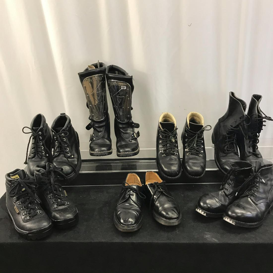 Group of Vintage Industrial Leather boots/Shoes: This group of 80'as and 90's black leather ladies industrial boots include a pair of Giudici multi buckle boots with chrome shin guards, a pair of soft leather ankle boots with decorative steel toes b