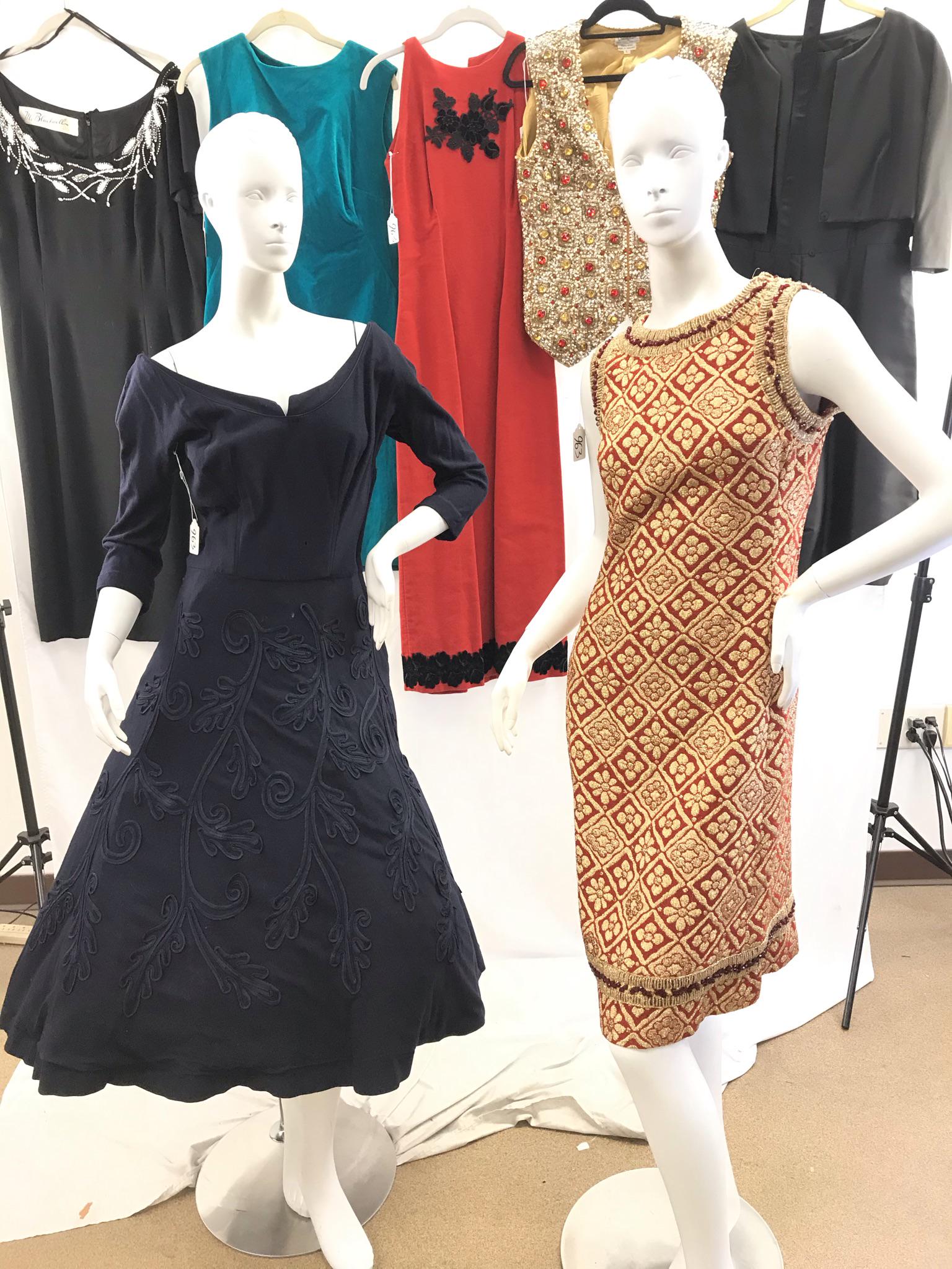 Group of 50/60's Ladies Evening Wear: This group of quality ladies fancy 50's and 60's evening wear includes a gold and red beaded knit sleeveless dress (sz 4), a black wool 1950's fit and flair cocktail dress dress with soutache skirt de