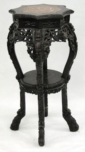 Extremely elaborate Turn of the Century Oriental st: Extremely elaborate Turn of the Century Oriental stand depicting flowers and bats with marble insert - Est. Value $600 - $800