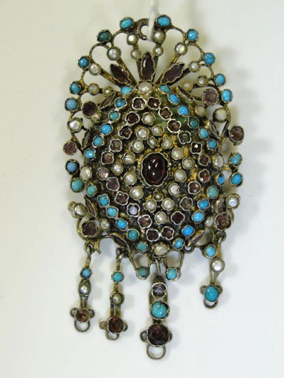 Extremely elaborate 10K gold Victorian locket with: Extremely elaborate 10K gold Victorian locket with rubies, seed pearls, turquoise stones - Est. Value $250-$300