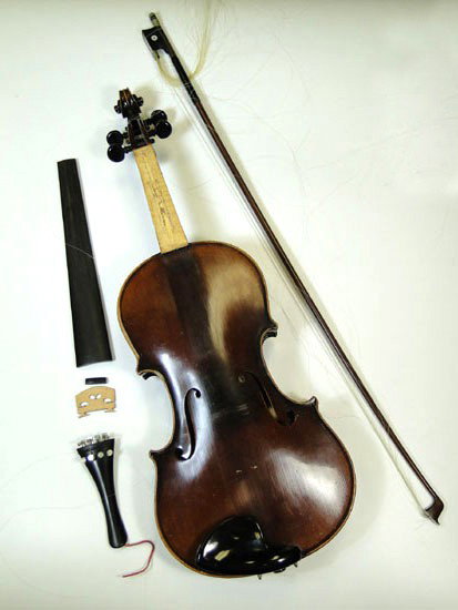 1910s Stradivarius Copy Violin In need of repair, : 1910s Stradivarius Copy Violin In need of repair, along with hand carved mother of pearl bow and case - Est Value $50-$75