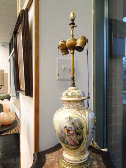 Antique high quality hand painted Limoge ginger ja: Antique high quality hand painted Limoge ginger jar lamp with bronze trims depicting people and flowers - 24" tall - Est. Value $100-$150