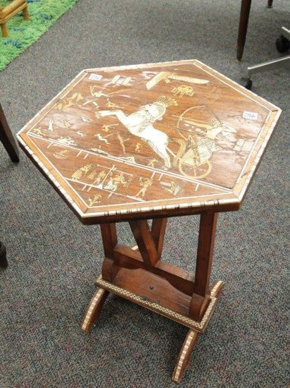Elaborately inlaid Egyptian style tilt top table (: Elaborately inlaid Egyptian style tilt top table (losses noted) Est. Value $60-$70
