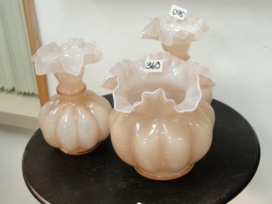 Three pink ruffle edge case glass vases - Est. Val: Three pink ruffle edge case glass vases - Est. Value $20-$30