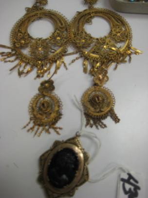 Two pair of elaborate filigreed pierced earrings a: Two pair of elaborate filigreed pierced earrings along with a cameo locket - Est. Value $20-$30