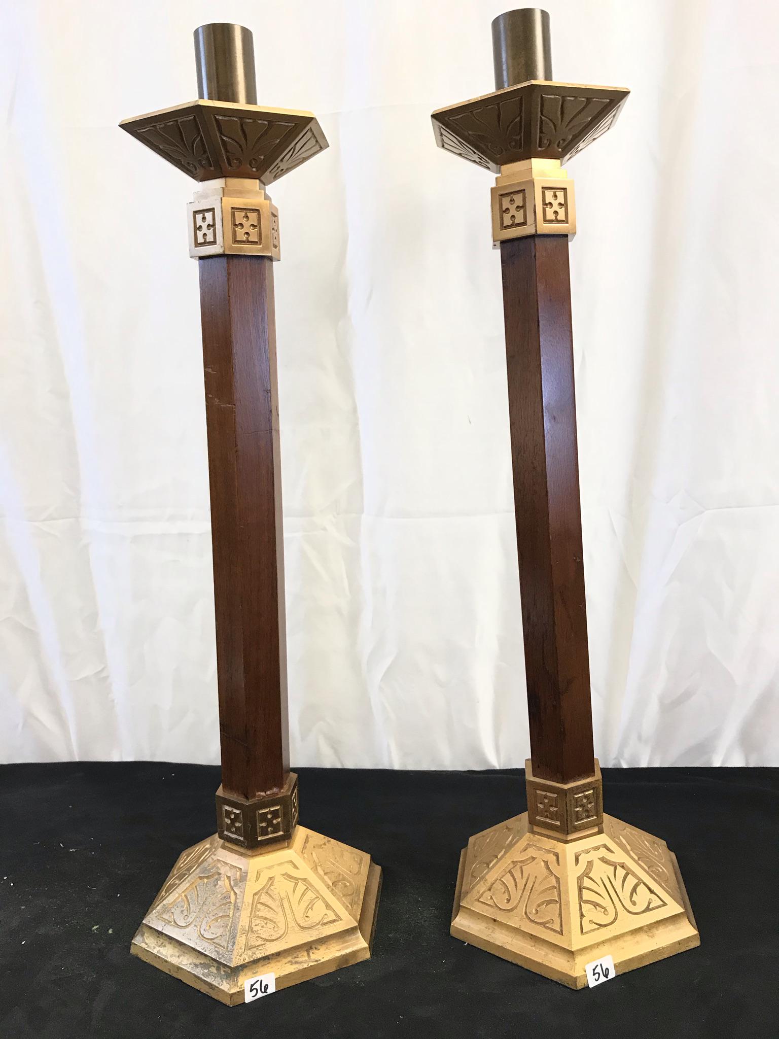 1920's Arts and Crafts Large Wood and Brass Candlesticks, Pair (1 of 7)