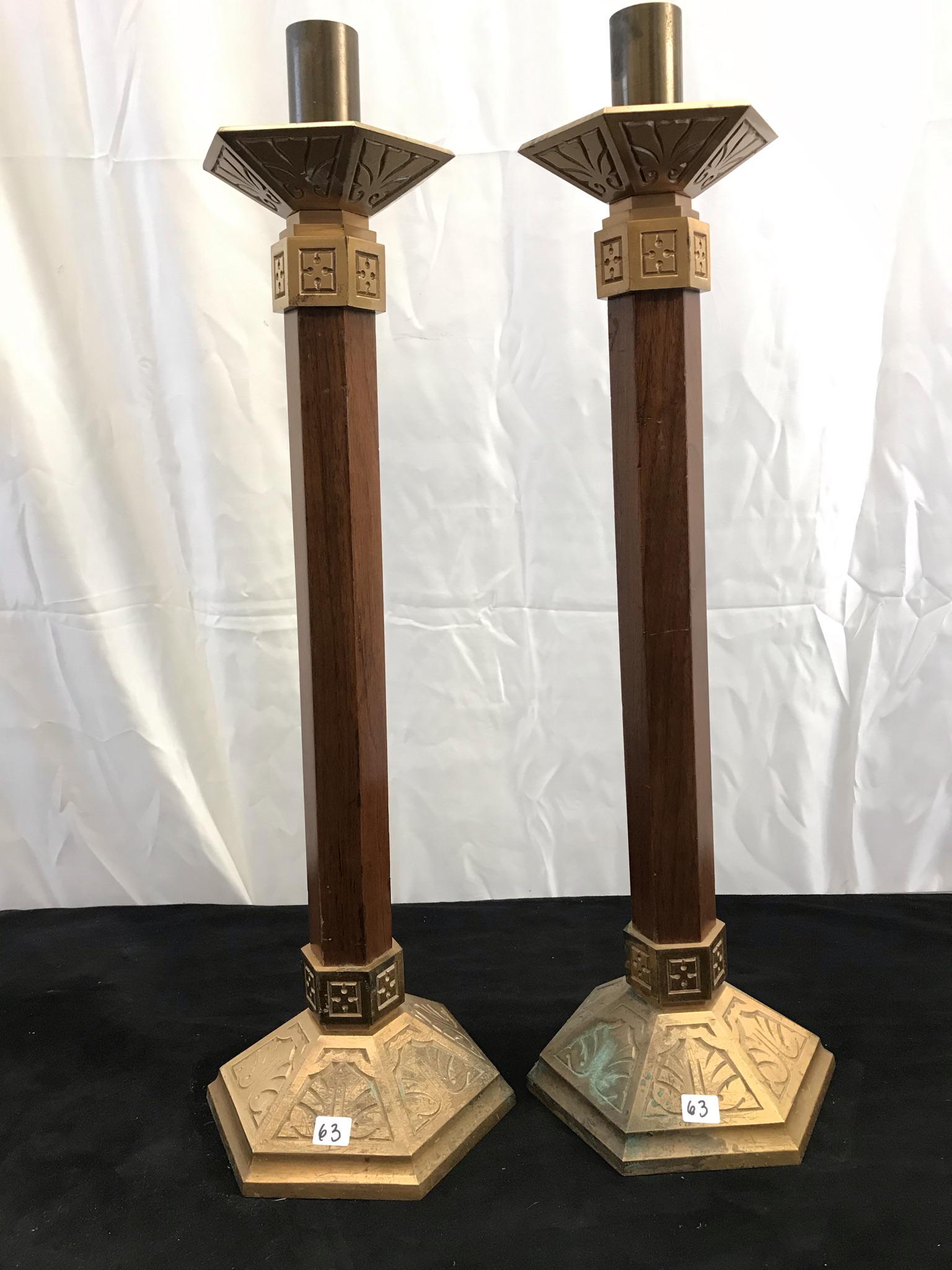 Pair of Arts and Crafts Large Brass and Mahogany Candlesticks (1 of 5)
