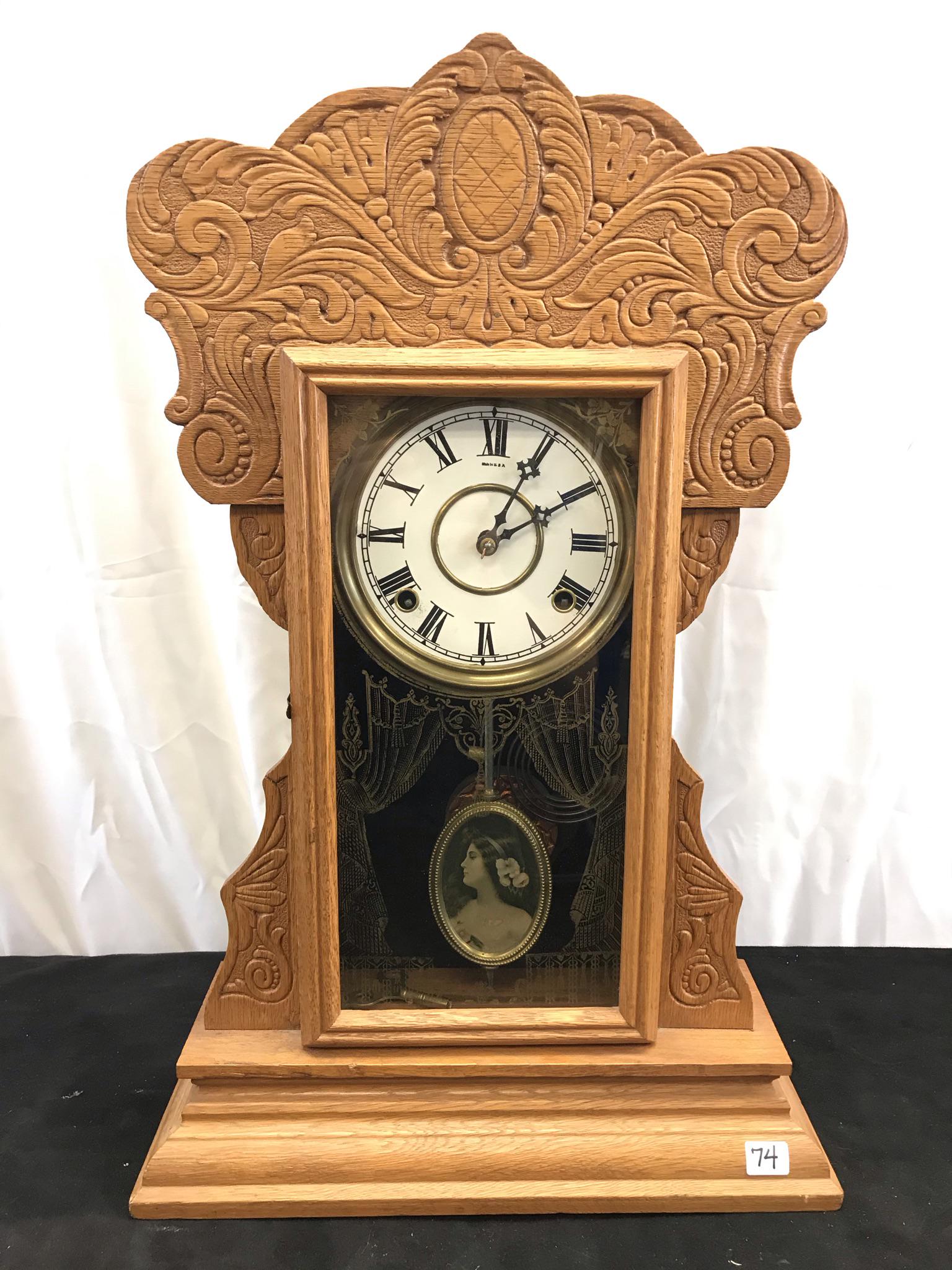 1890's Pressed Front Gilbert Mantle Clock w/ Fancy Pendulum (1 of 7)