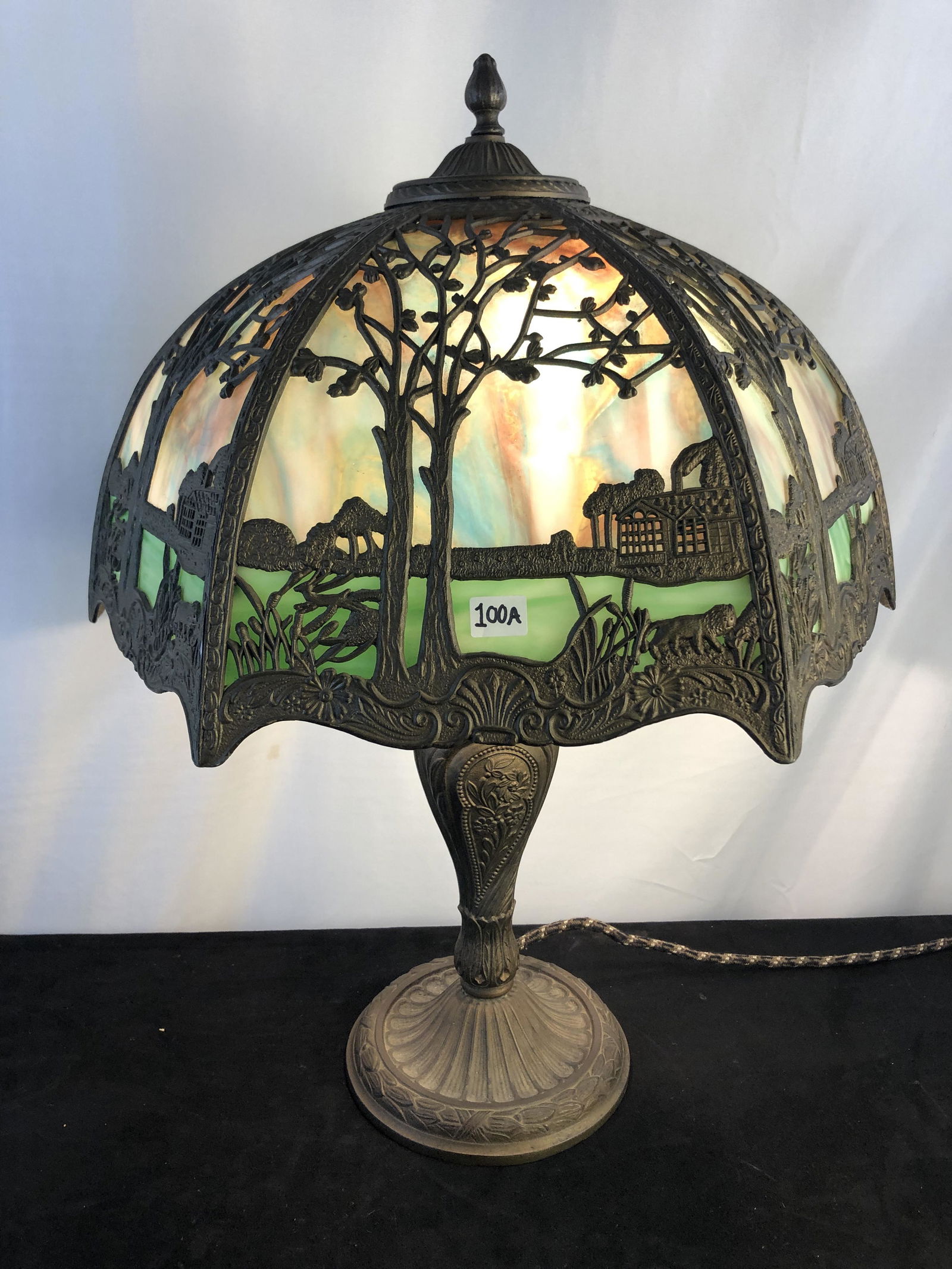 Signed Salem Bros Slag Panel and Scenic Filigree Table Lamp (1 of 10)