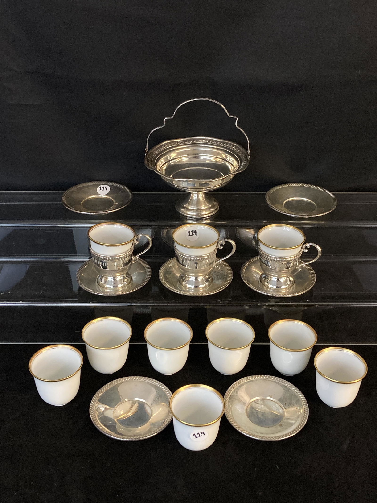 Sterling Silver - Cup Holders, Saucers, and Candy Basket (1 of 10)