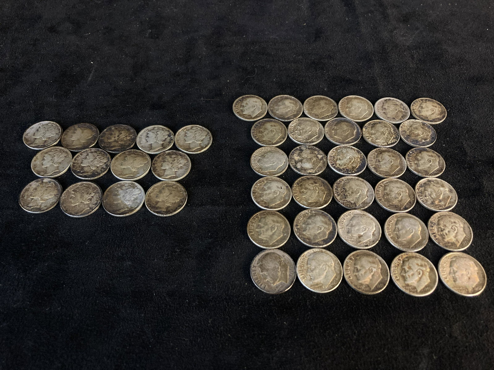 Silver Roosevelt and Mercury Dimes: Silver mercury dimes to include a 1917(no mint), 1935(no mint), 1940 (no mint), 1941 (no mint), 1942(no mint), 1942 D, 1942S, 1943(no mint), 1943 D, 1943S, 1944(no mint), 1944D, and a 1945(no mint). T