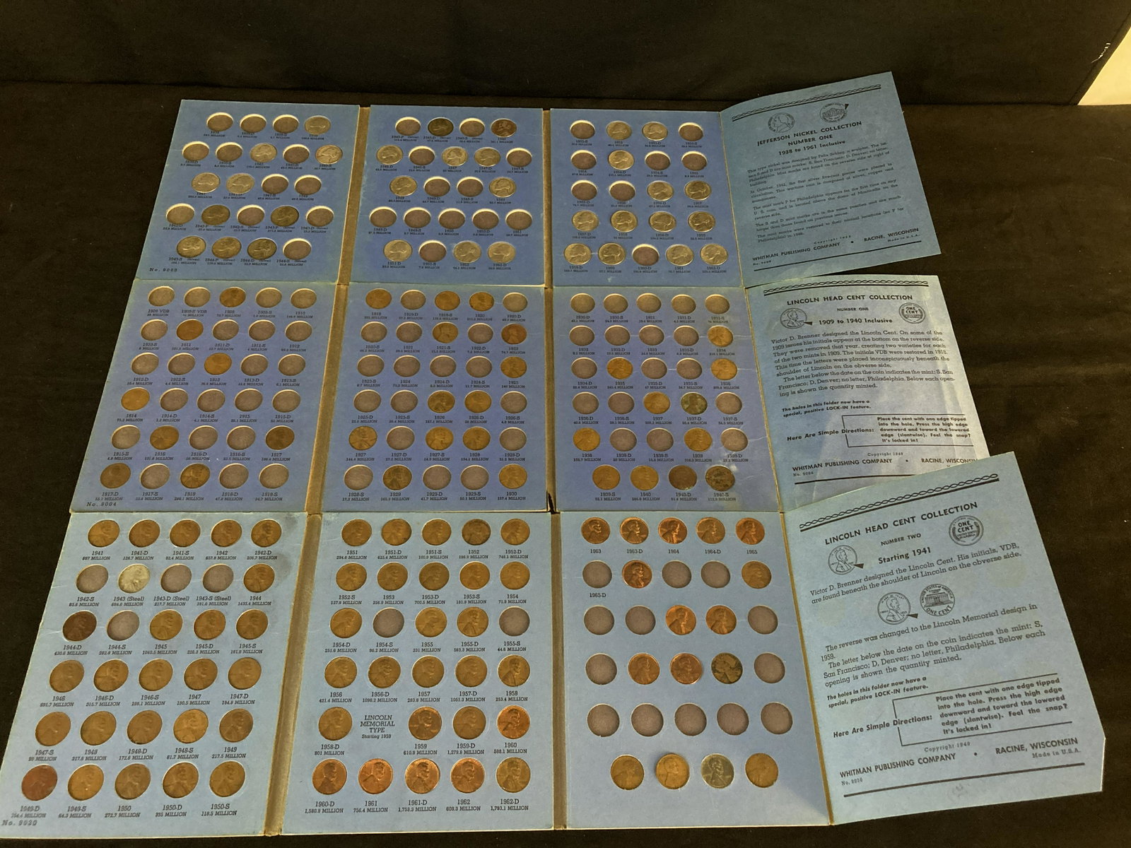 Collection of Lincoln Head Pennies and Jefferson Nickels: Two books of Lincoln head pennies dating from 1909 to 1962 and a book of Jefferson nickels dating from 1938 to 1961. The books are incomplete and some pennies and nickels are missing.