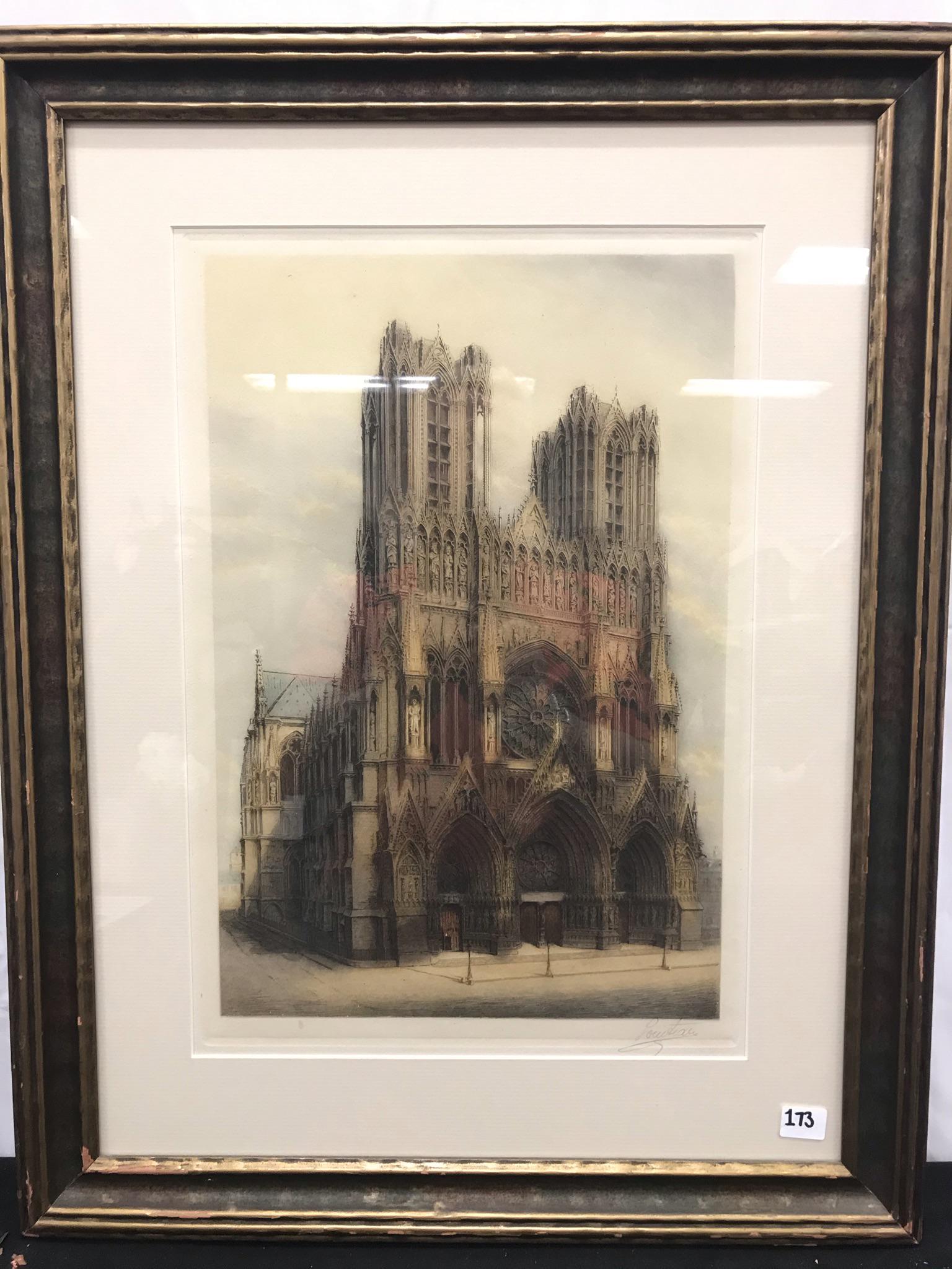 Early 1900s hand-colored engraving of Reims Cathedral, Signed (1 of 4)