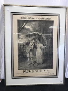 Edward Ancourt 1876 Original French poster: This original quality framed 1876 French Opera poster is by listed 19th century French artist Edward Ancourt. It is a poster for the National Theater of Comic Opera's production of Paul and Virginia.