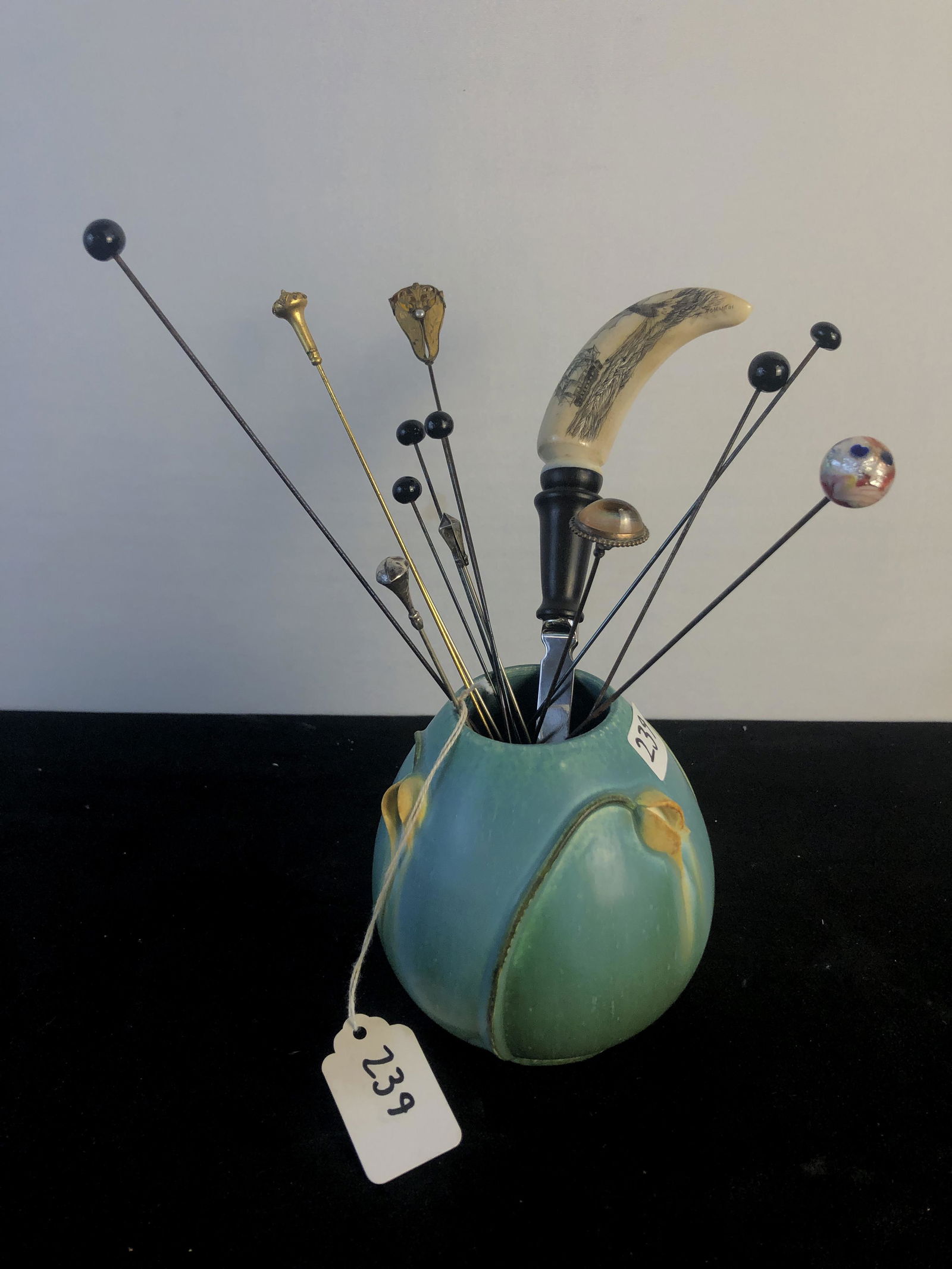 Signed Ephraim Pottery Vase & Victorian Stick Pins (1 of 8)