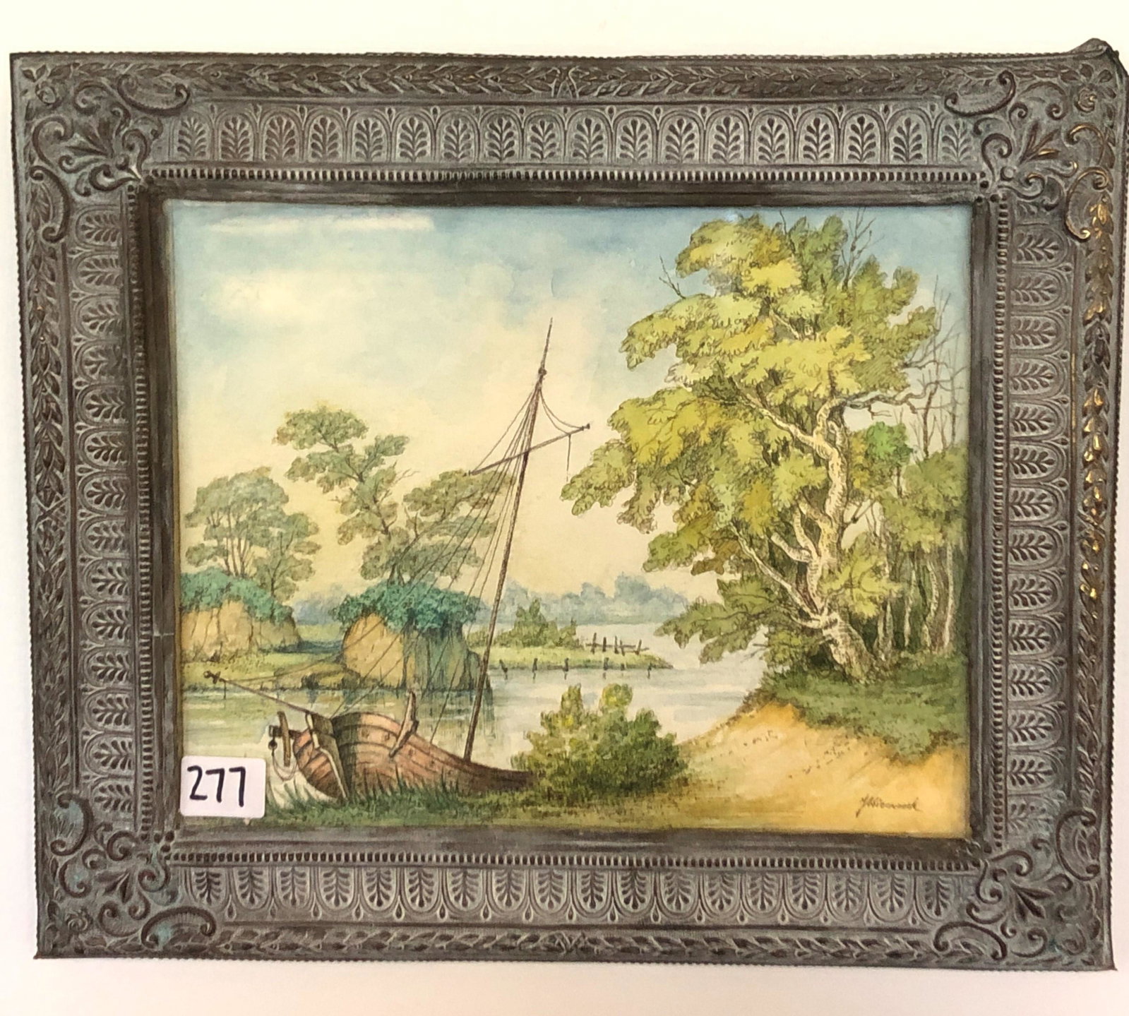 Janusz Wieczorek Watercolor & Pen of Boat on River: Janusz Wieczorek pen & watercolor scenic artwork on paper depicting a boat on a woodland river scene, extremely detailed, in an antique pressed silver frame with gallery logo on back & stamp. Framed, 