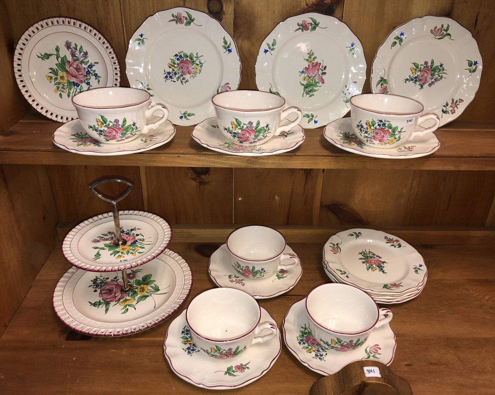 Group Hand-Painted Luneville French Service: 6 dessert plates, 6 cups and saucers, pierced candy dish, 2 tiered pettifor server.