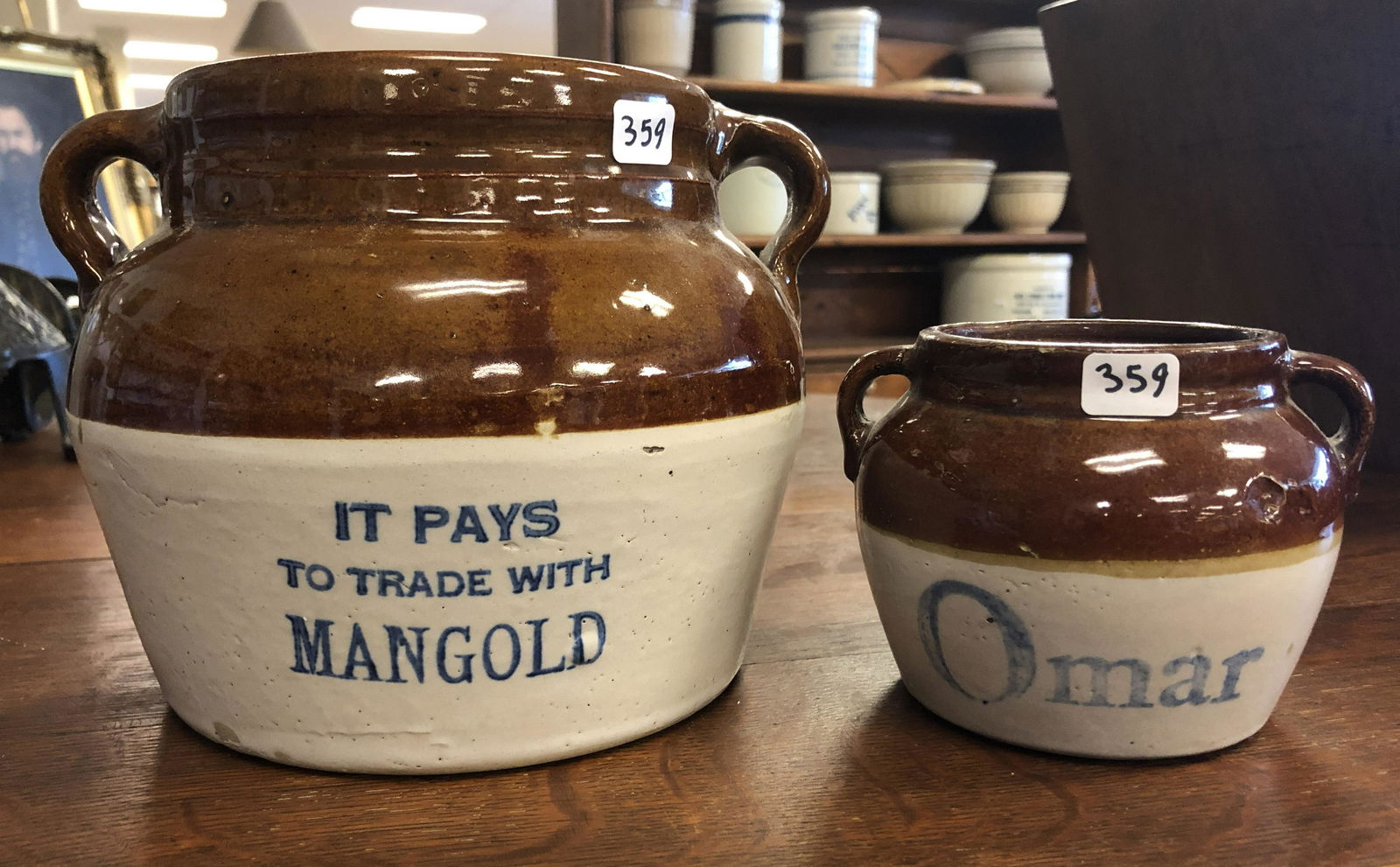 Lot of 2 Advertising Stoneware Bean Pots (1 of 5)