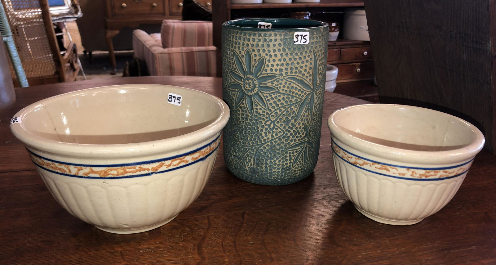 Lot of 2 Redwing Spongeware Mixing Bowls, One advertising and Green Vase (1 of 11)