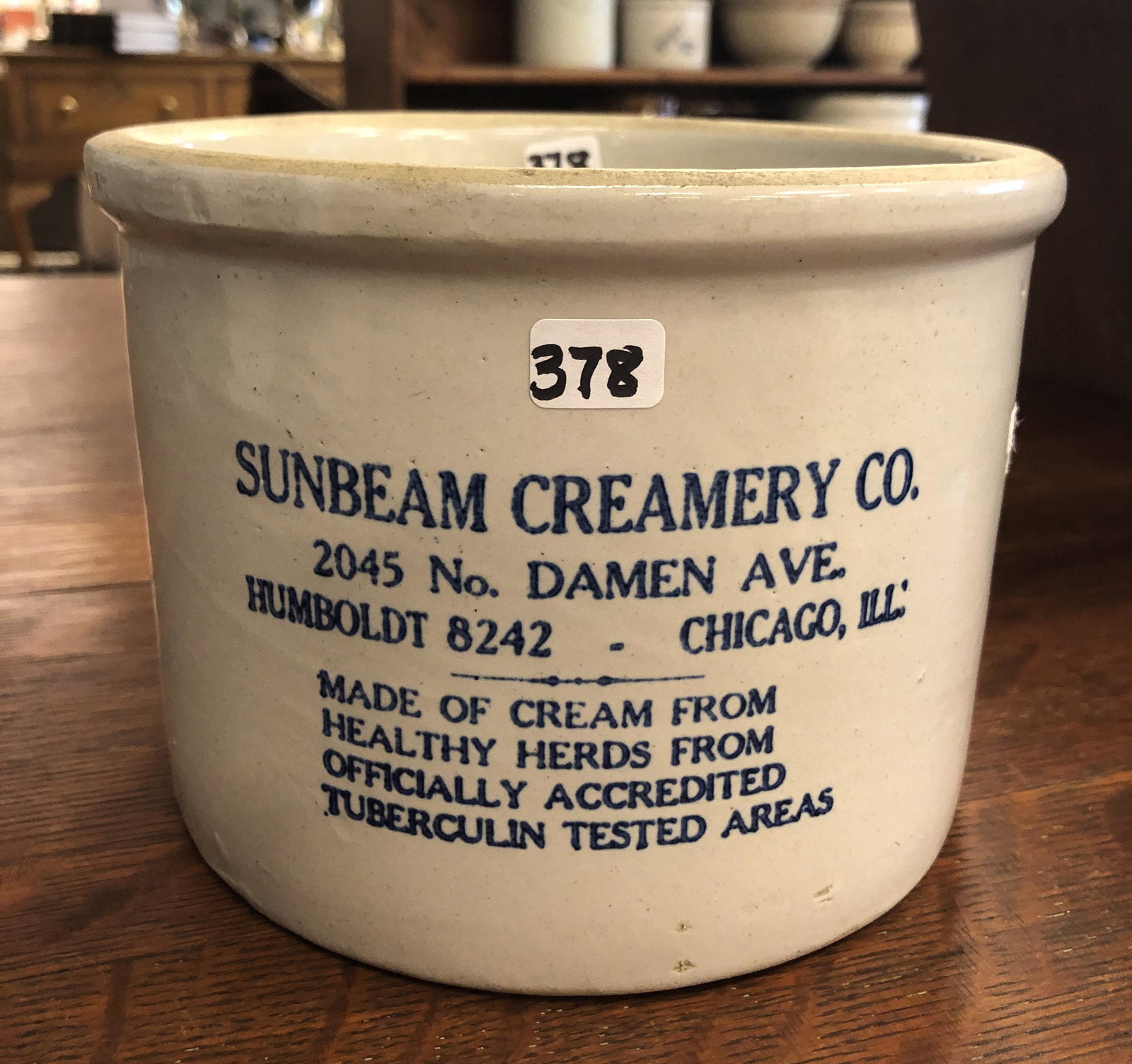 Sunbeam Creamery Advertising Stoneware Crock: Advertising stoneware crock that reads "Sunbeam Creamery Co. 2045 No. Damen Ave. Humboldt 8242 - Chicago Ill, Made of Cream from Healthy Heards from Officially Accredited Tuberculin Tested Areas". Cro