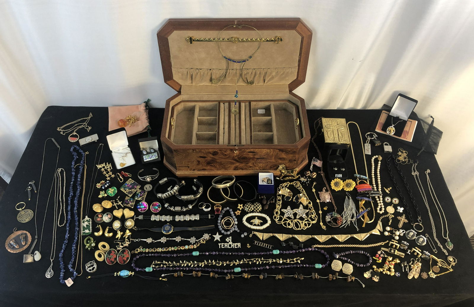 Large Jewelry Lot in Burled Walnut Box (1 of 11)