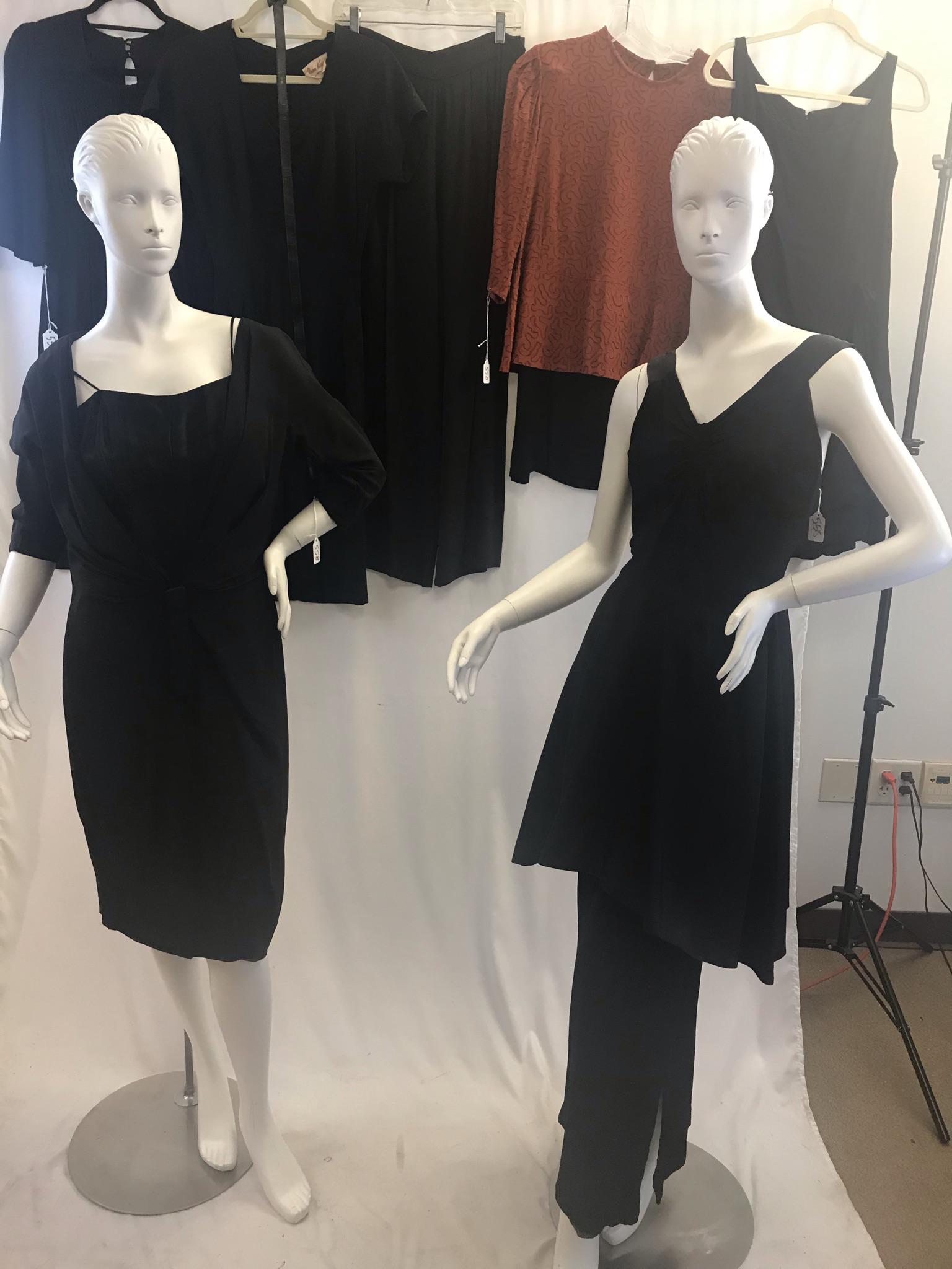 1930-60's Ladies Vintage Dresses,More!: This group of vintage ladies dresses include a 1930's black sleeveless evening gown with a velvet skirting, and taffeta peplum and bodice, a 1940's large size (skirt 36" waist and a 46" hip) reddish c