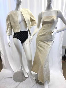 Ceil Chapman Silk Evening Gown and Jacket: This early 1960's white silk paisley brocade strapless mermaid shaped gown and matching 3/4 length sleeve jacket is by American Fashion Designer Ceil Chapman. It is a size 4. In excellent condition wi