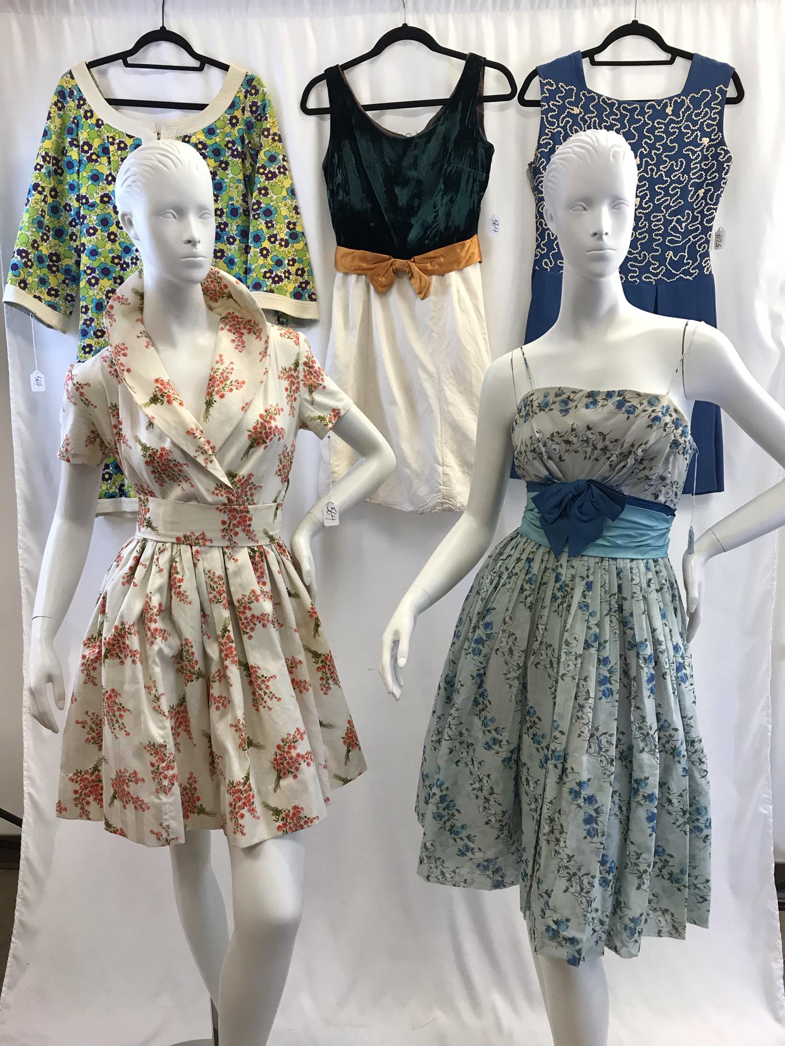 Group of Floral Print 50/60's Dresses, More!: This group of 1950/60's dresses include a spaghetti strap blue floral fit and flair summer dress, a pink and white floral fit and flair dress with a stand up shawl collar, a blue lined sleeveless dres