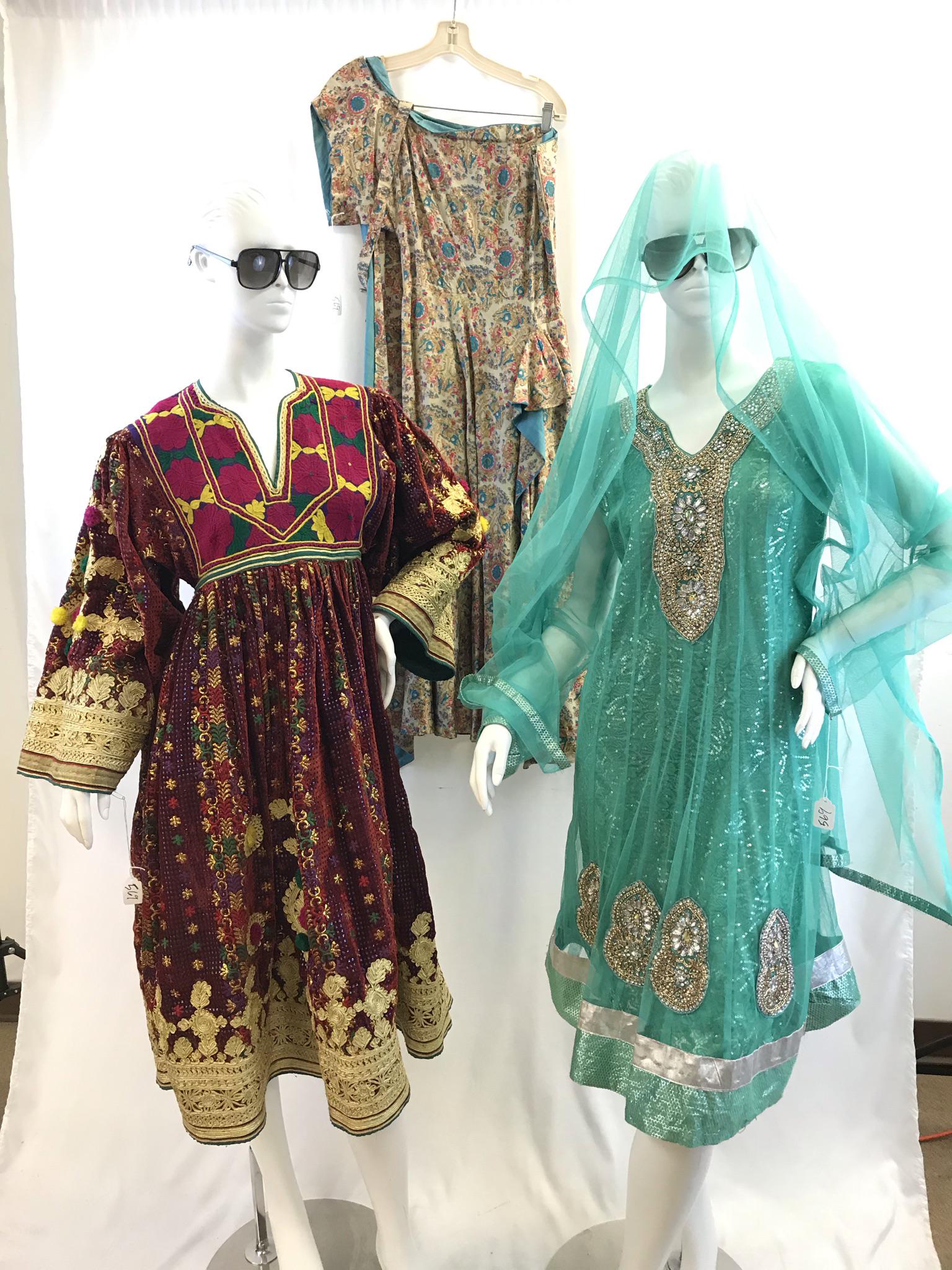 Vintage Pakistani Wedding Dress, More!: This group of Vintage dresses include a heavily gold embroidered, knee length Pakistani wedding Dress with bell sleeves, an ornate green sequinned, jewelled and embroidered Indian dress with sheer ove