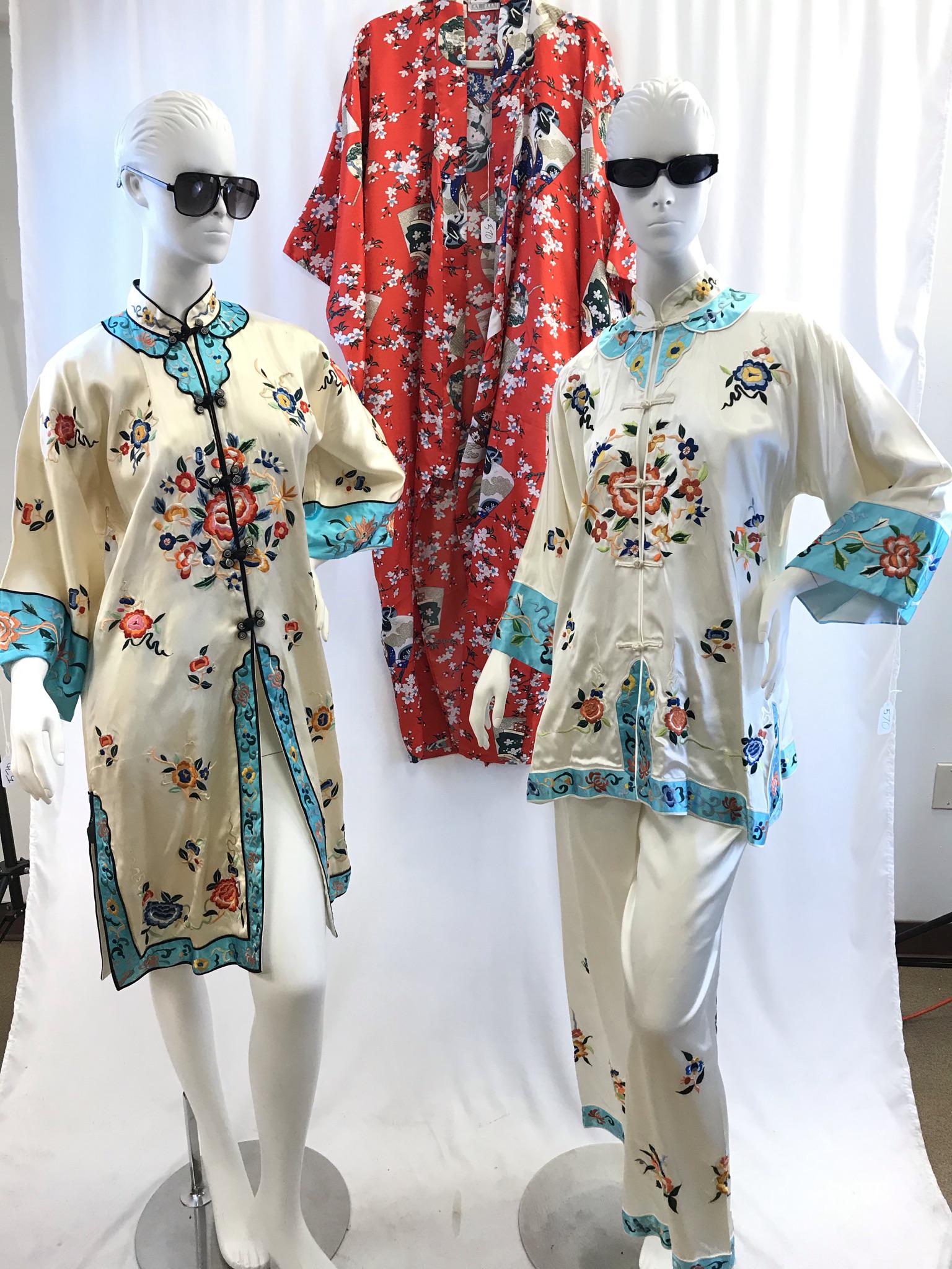 70's Hand Embroidered Hostess Outfits, More!: These handmade and embroidered hostess pajamas and floral embroidered coat are from the 1970's. Also included is an Oriental printed red robe with matching sash.