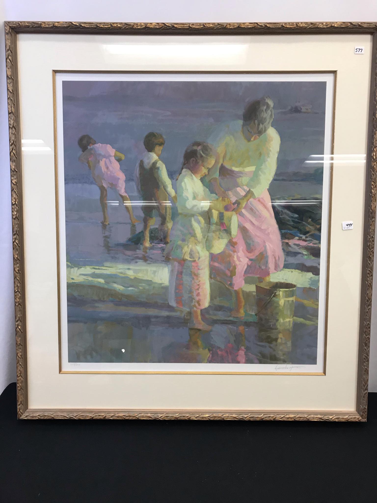 Don Hatfield Signed Serigraph: This quality archivally framed signed/numbered Serigraph is by listed artist Don Hatfield. It is signed in pencil on the lower right margin of the print. It depicts a group of children on a shoreline