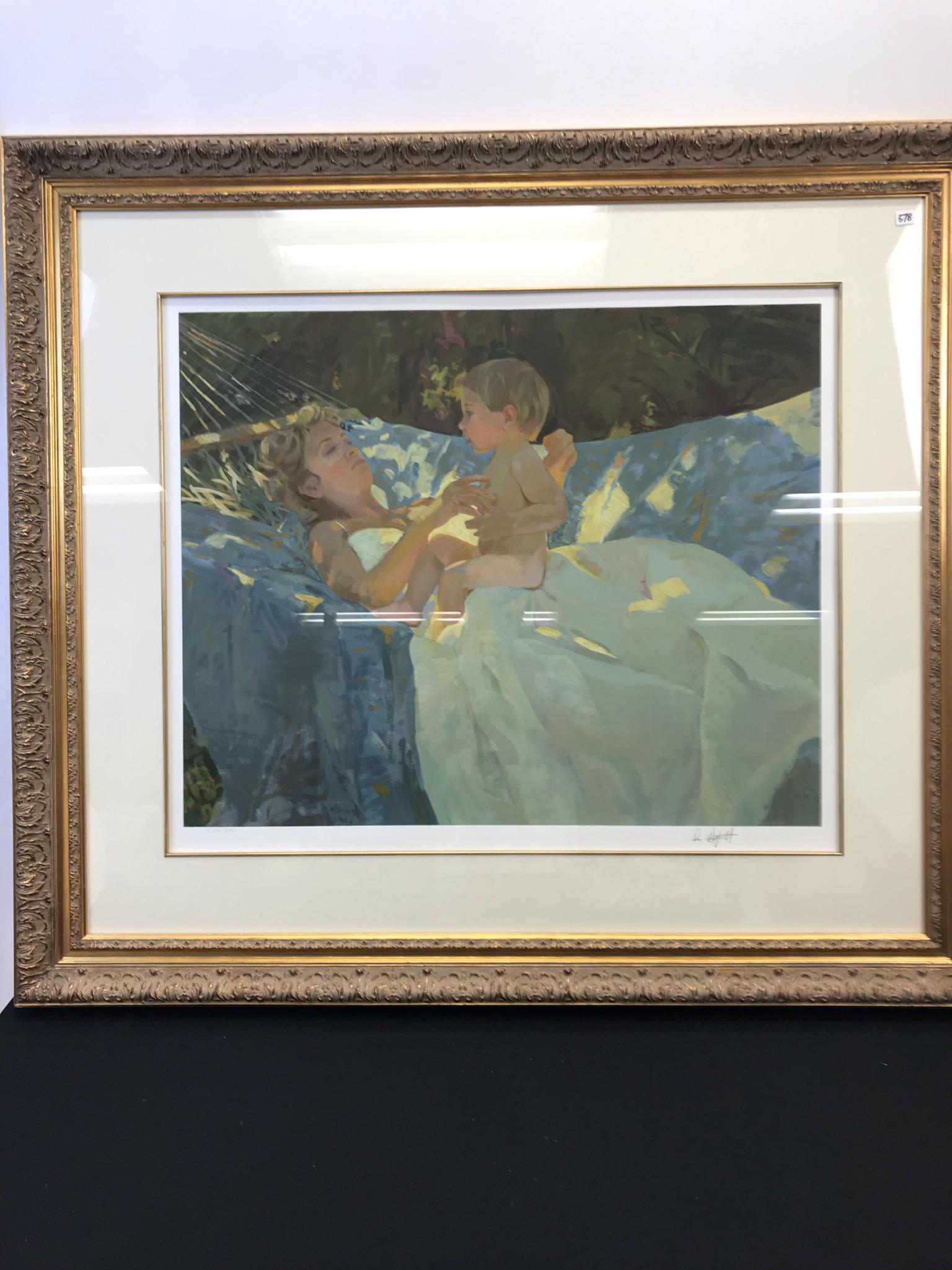 Don Hatfield Signed Serigraph: This quality framed signed/numbered Serigraph is by listed artist Don Hatfield. It is titled "Tender Moments" and depicts a mother and a little boy in a hammock. Signed in pencil in the lower right co